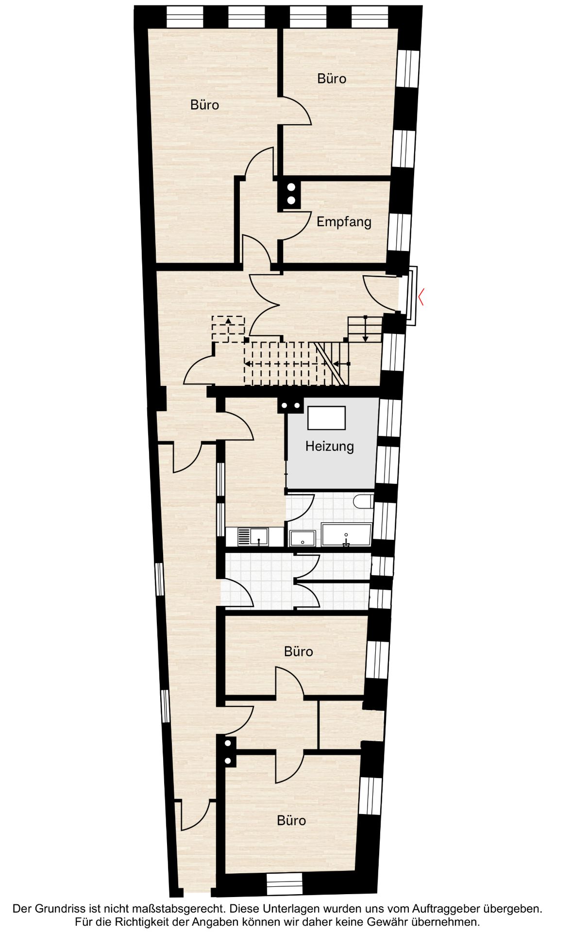 Grundriss mit mehreren Büros, Empfangsbereich, Heizung und Sanitärräumen.