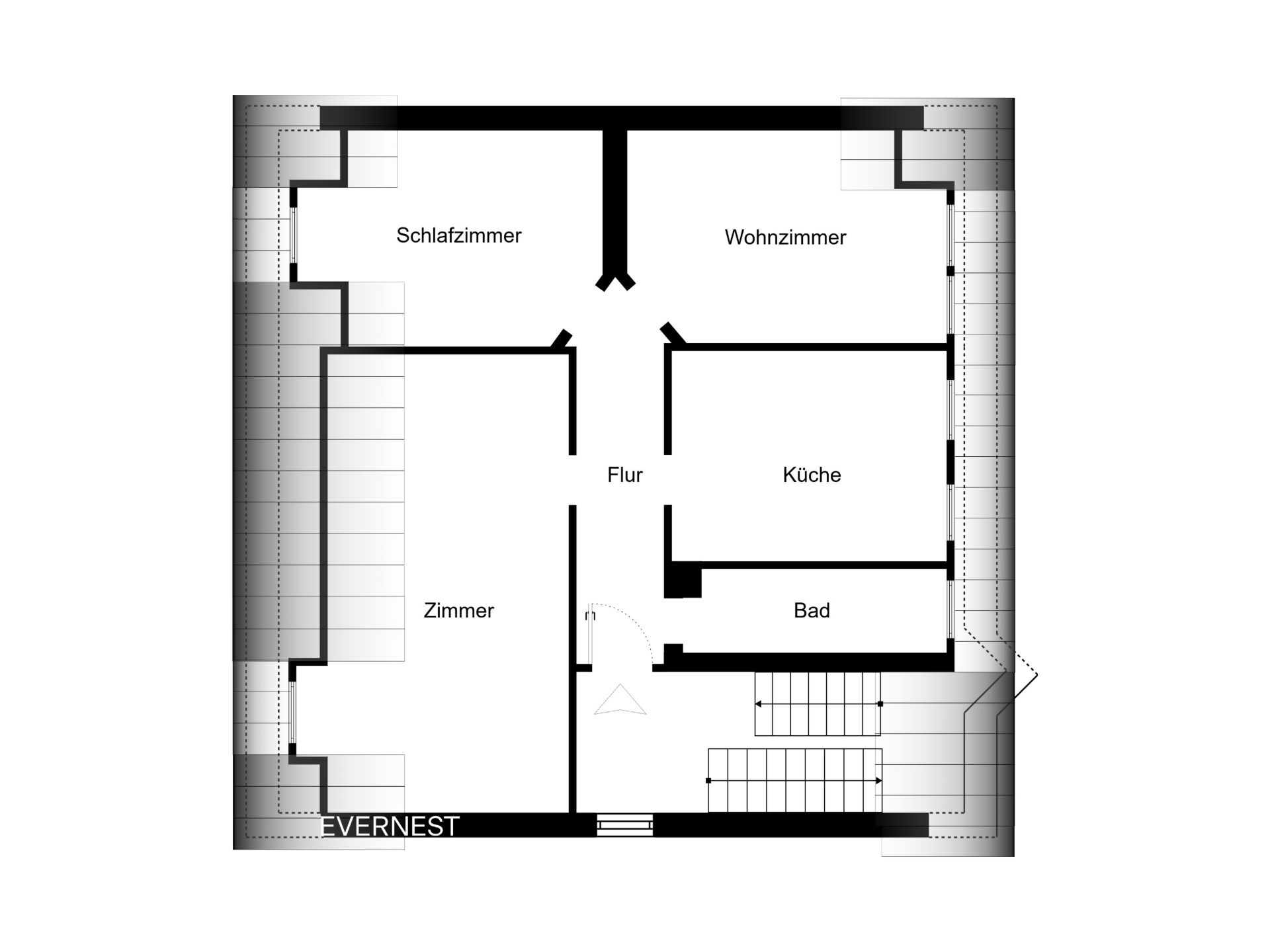 Grundriss einer Wohnung mit Schlafzimmer, Wohnzimmer, Zimmer, Flur, Küche und Bad.