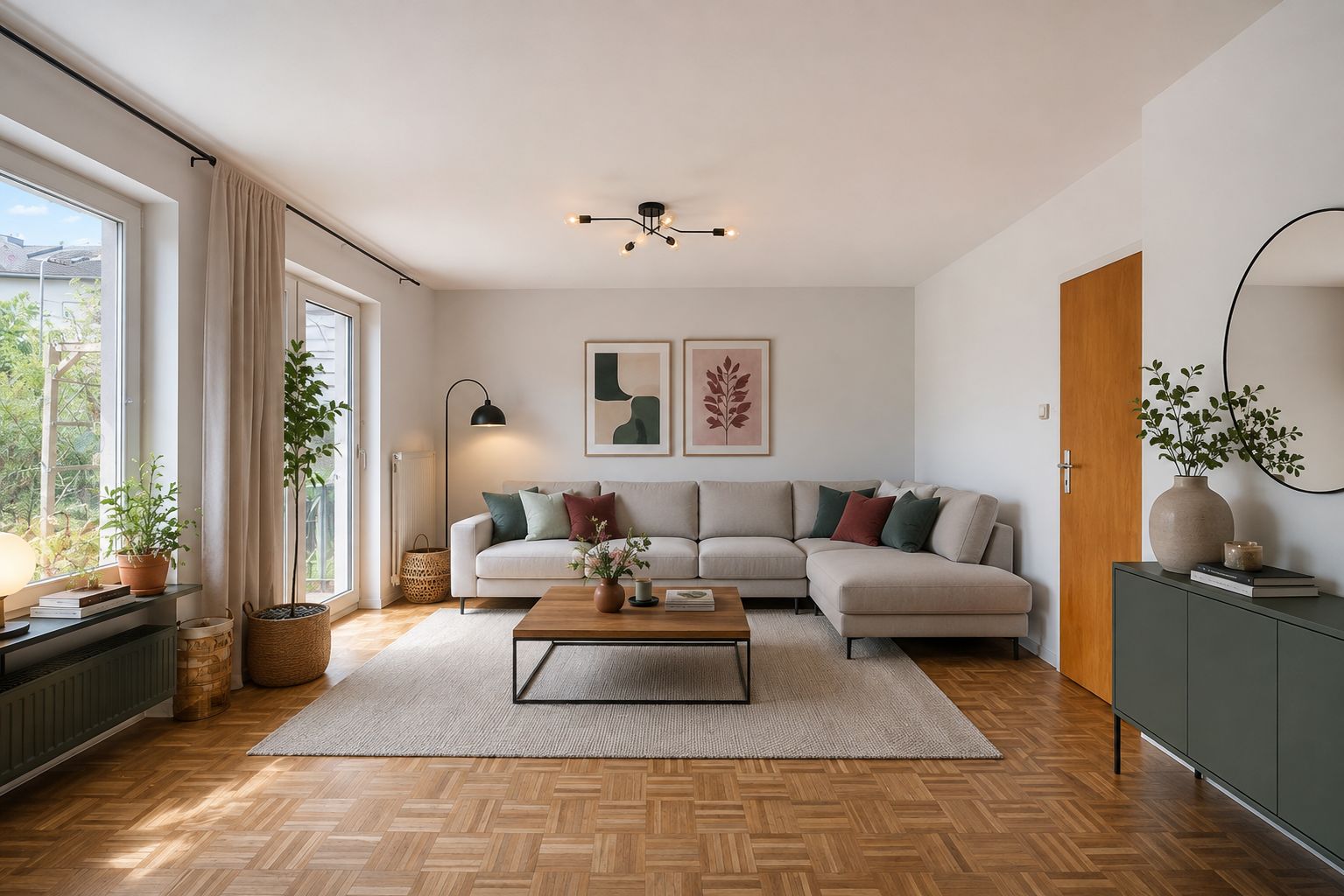 Helles Wohnzimmer mit Ecksofa, Couchtisch, Pflanzen und großen Fenstern.