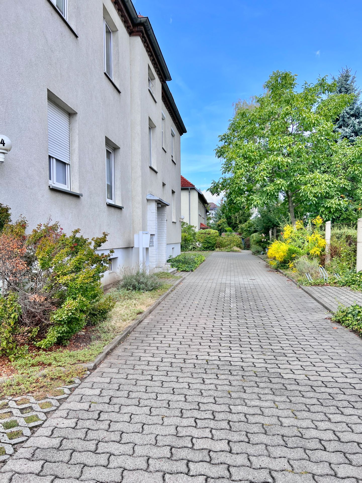Gepflasterter Weg neben einem Wohngebäude mit Bäumen und Sträuchern am Rand.
