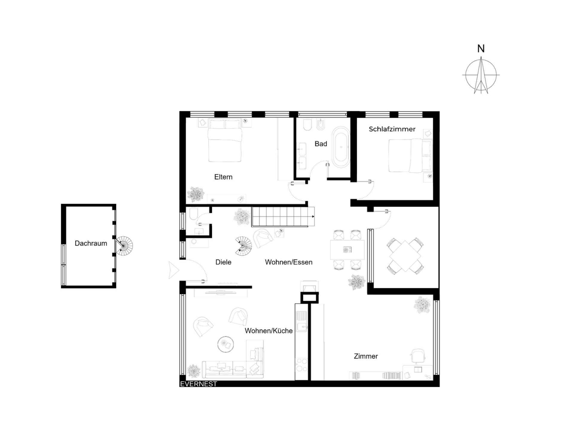 Grundriss einer Wohnung mit Schlafzimmern, Bad, Küche, Wohnzimmer und separatem Dachraum.