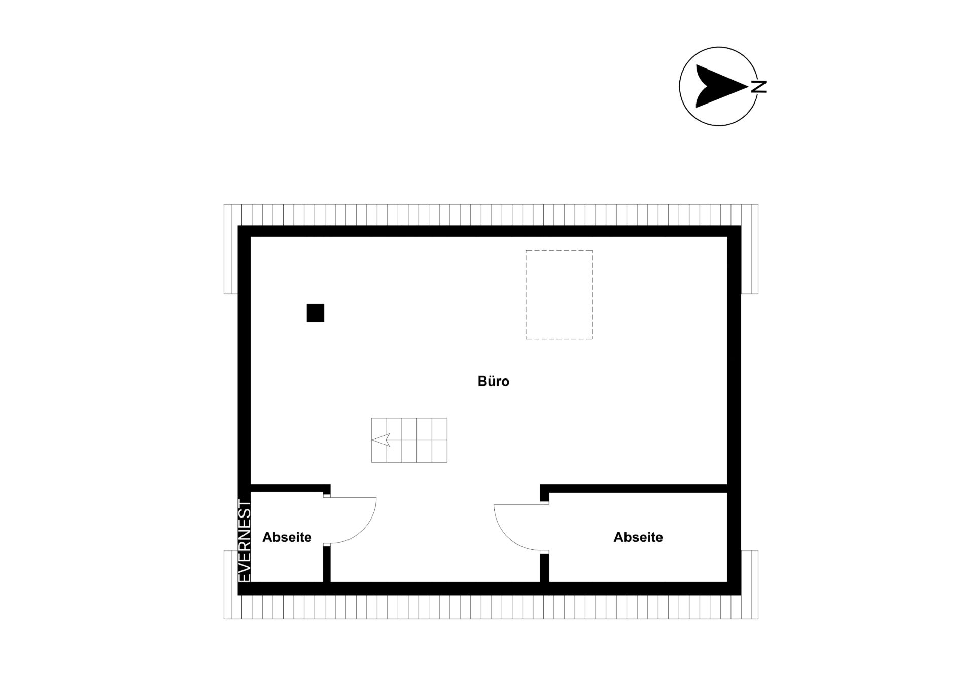 Grundriss mit Büro und zwei Abseiten, eine Treppe in der Mitte.