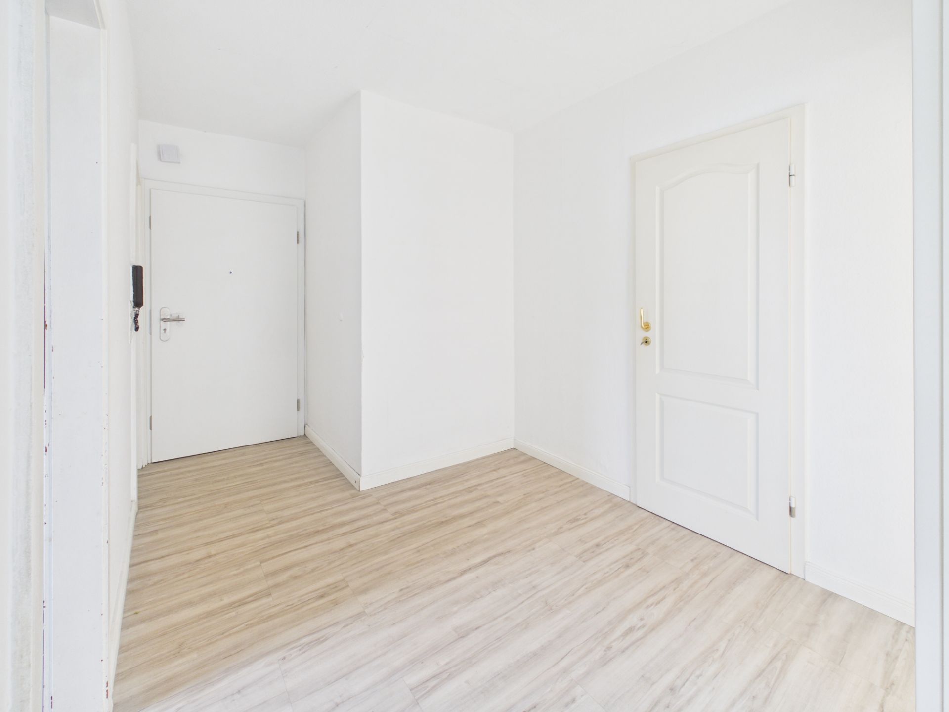Heller Flur mit weißer Eingangstür und Innentür, hellem Laminatboden und weißen Wänden.