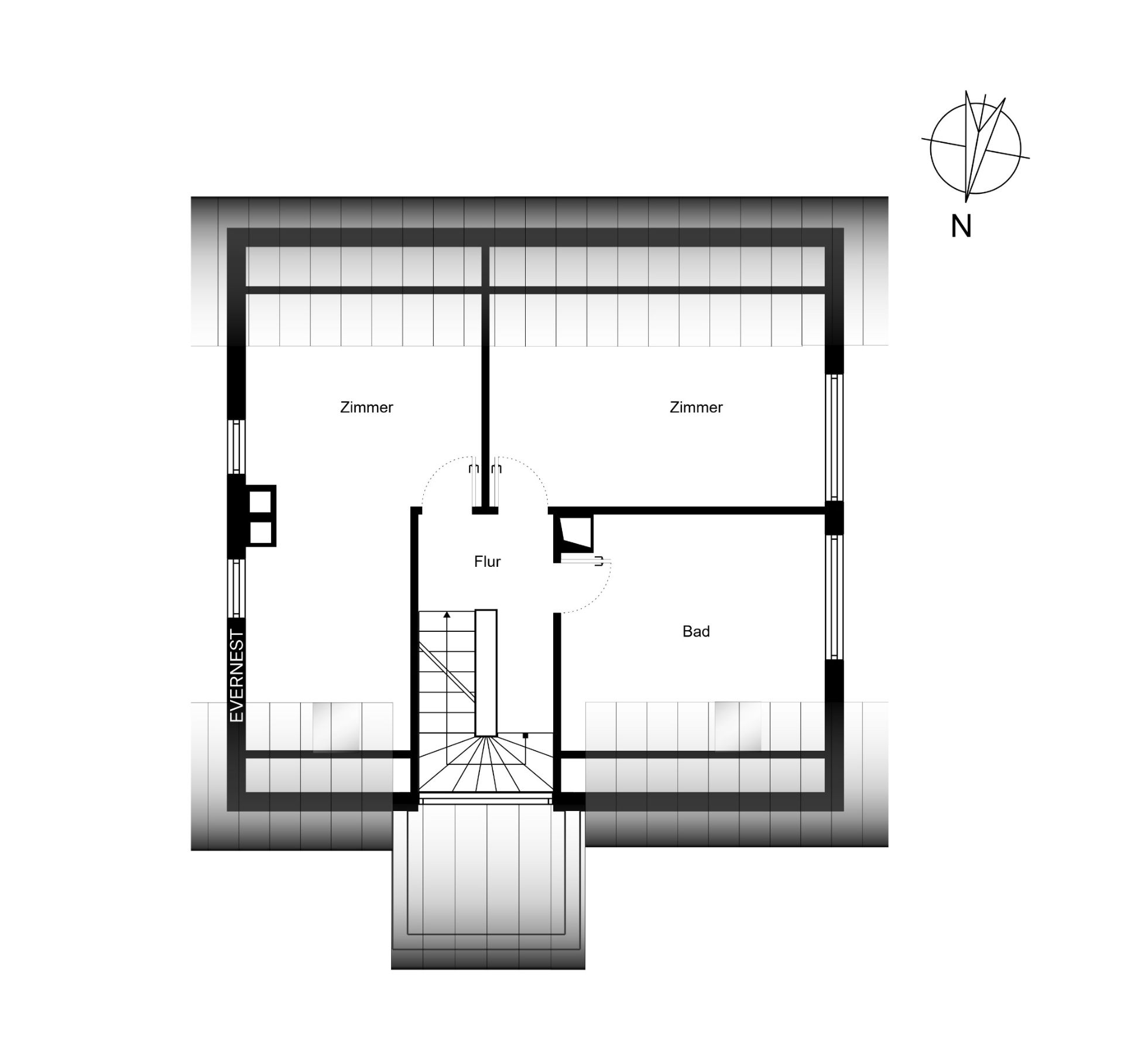Grundriss mit Flur, zwei Zimmern, Bad und Treppe, Himmelsrichtung ist angegeben.