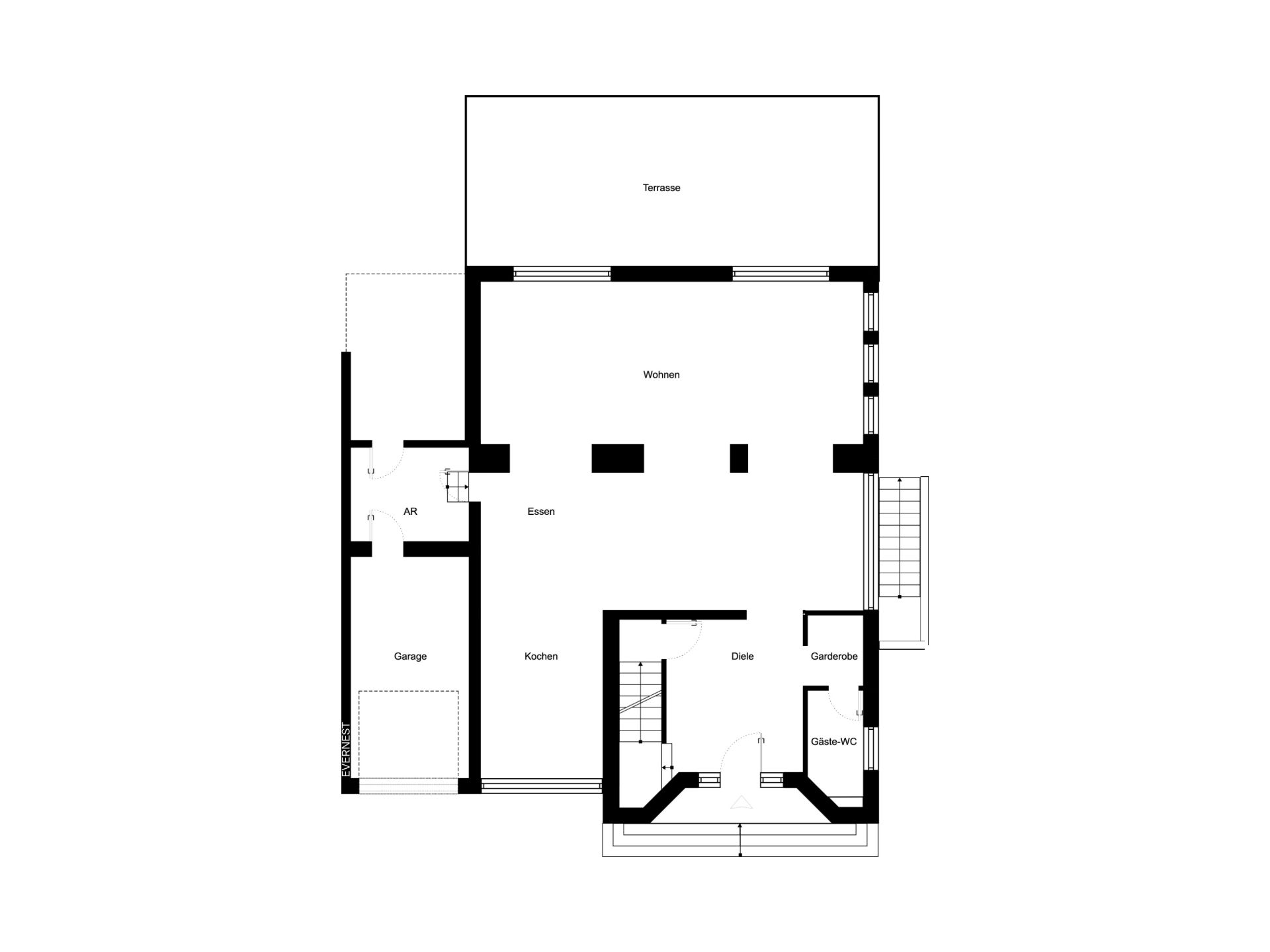 Grundriss eines Wohnhauses mit Terrasse, Wohnzimmer, Küche, Garage und Gäste-WC.