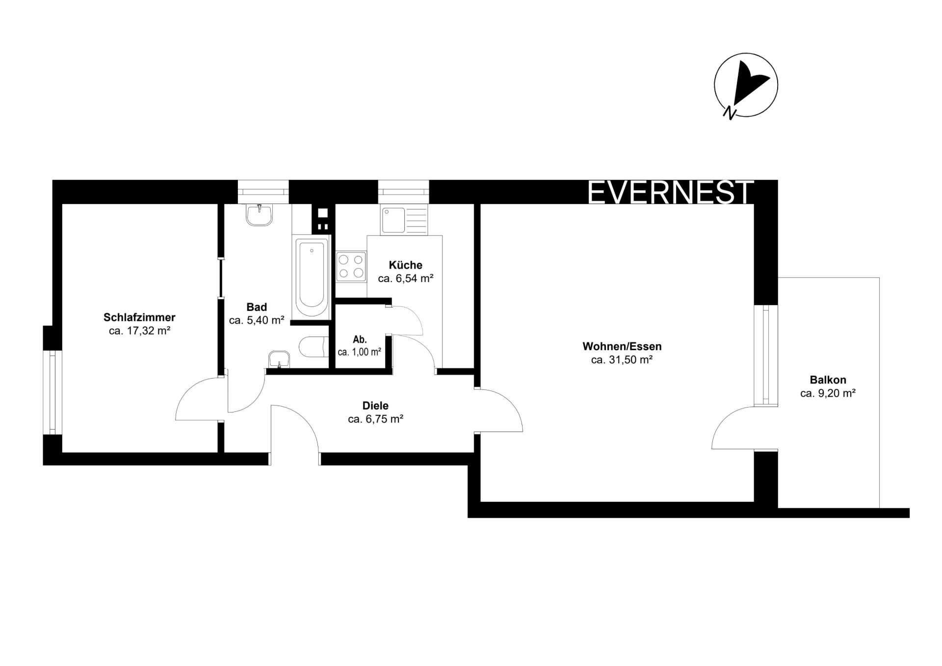 Wohnungsgrundriss mit Schlafzimmer, Bad, Küche, Wohn-/Esszimmer, Diele und Balkon.
