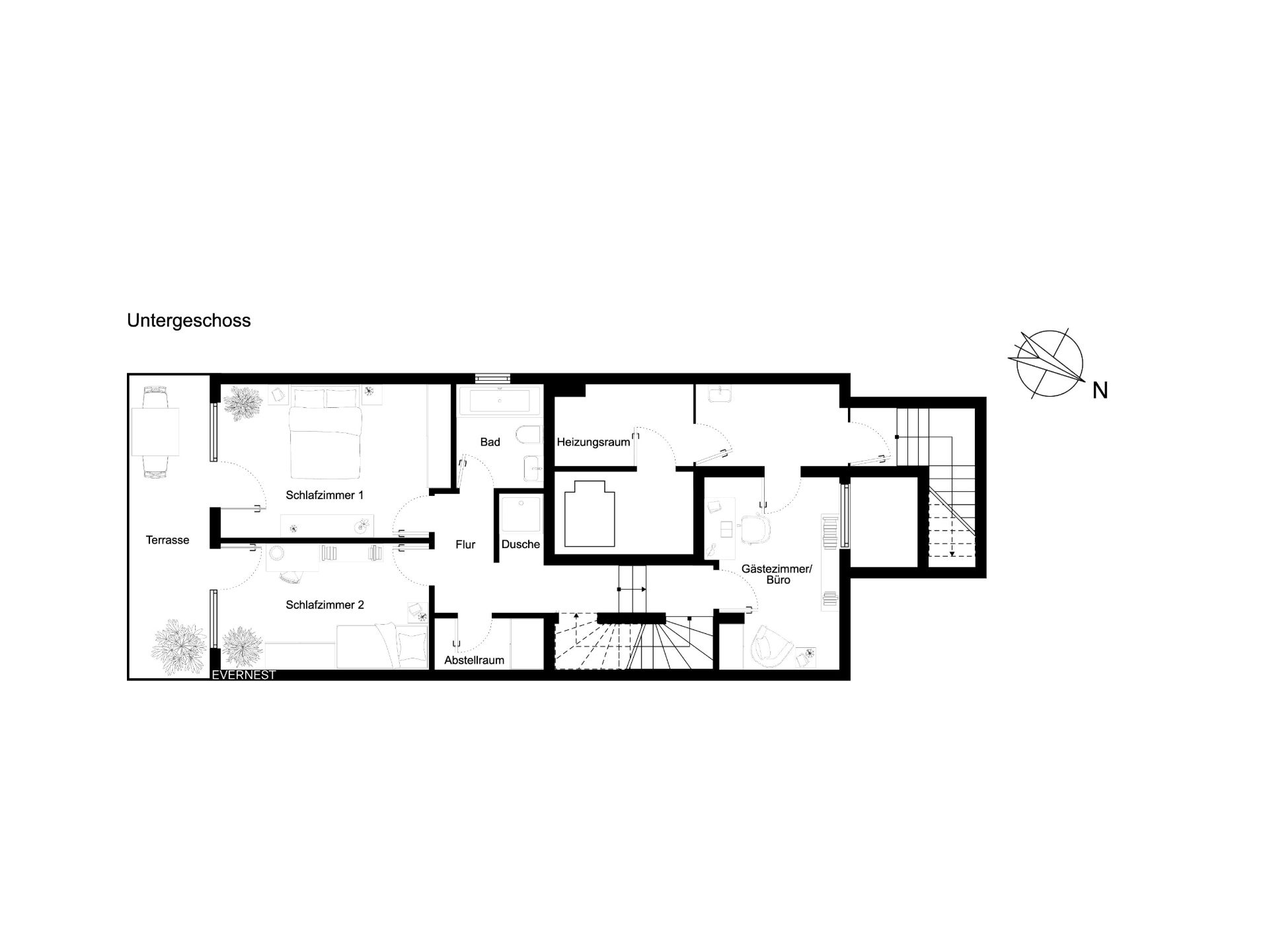 Grundriss des Untergeschosses mit Schlafzimmern, Bad, Abstellraum, Büro und Terrasse.