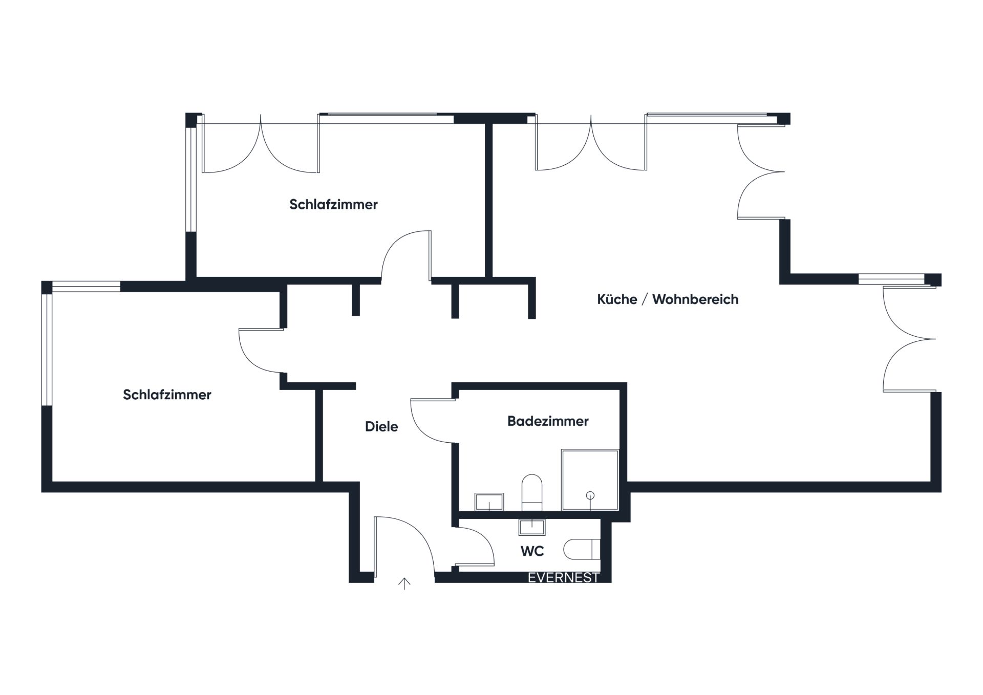 Grundriss mit zwei Schlafzimmern, Küche/Wohnbereich, Diele, Bad und WC.