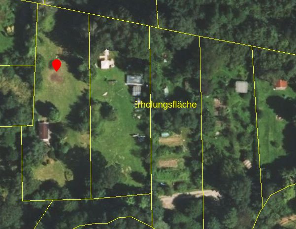 Luftbild eines Grundstücks mit Wiese, Bäumen und Parzellengrenzen, roter Marker links oben.