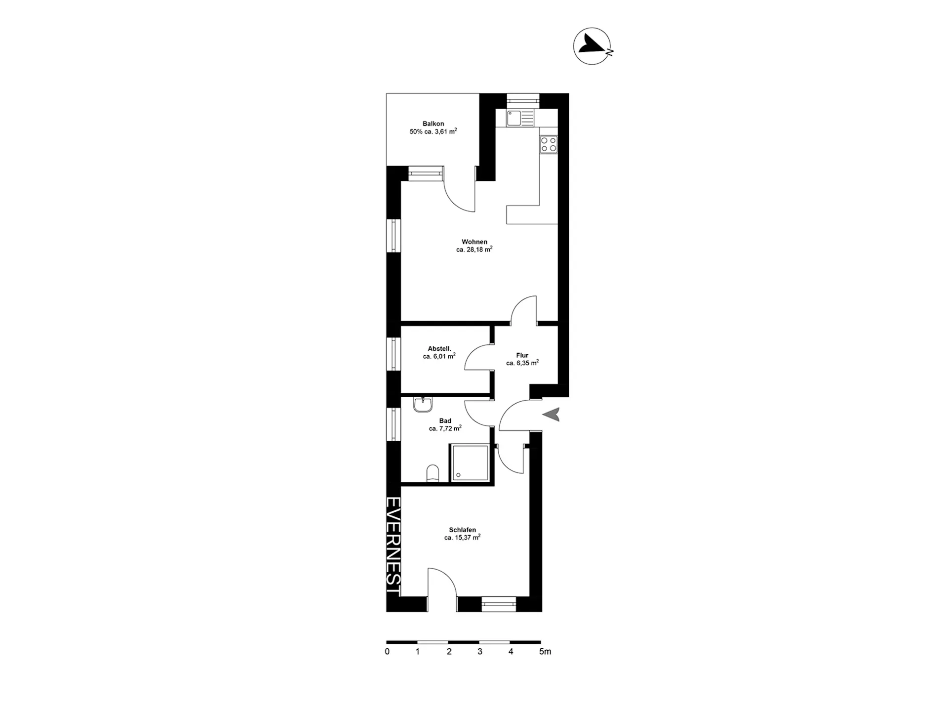 Grundriss einer Wohnung mit Balkon, Wohnzimmer, Schlafzimmer, Bad, Abstellraum und Flur.