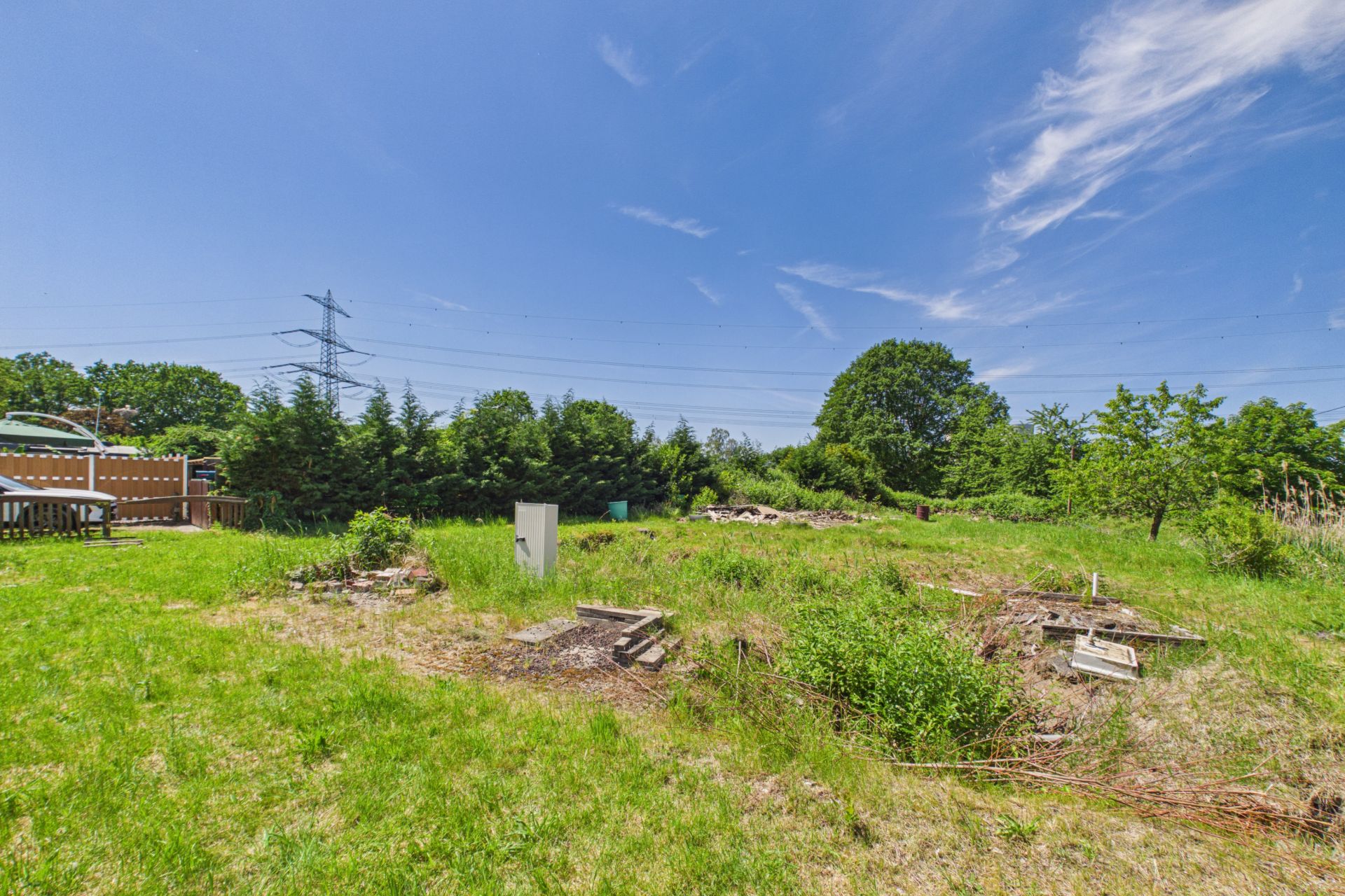 Großer Garten mit etwas wildem Gras und einzelnen Büschen an einem sonnigen Tag.