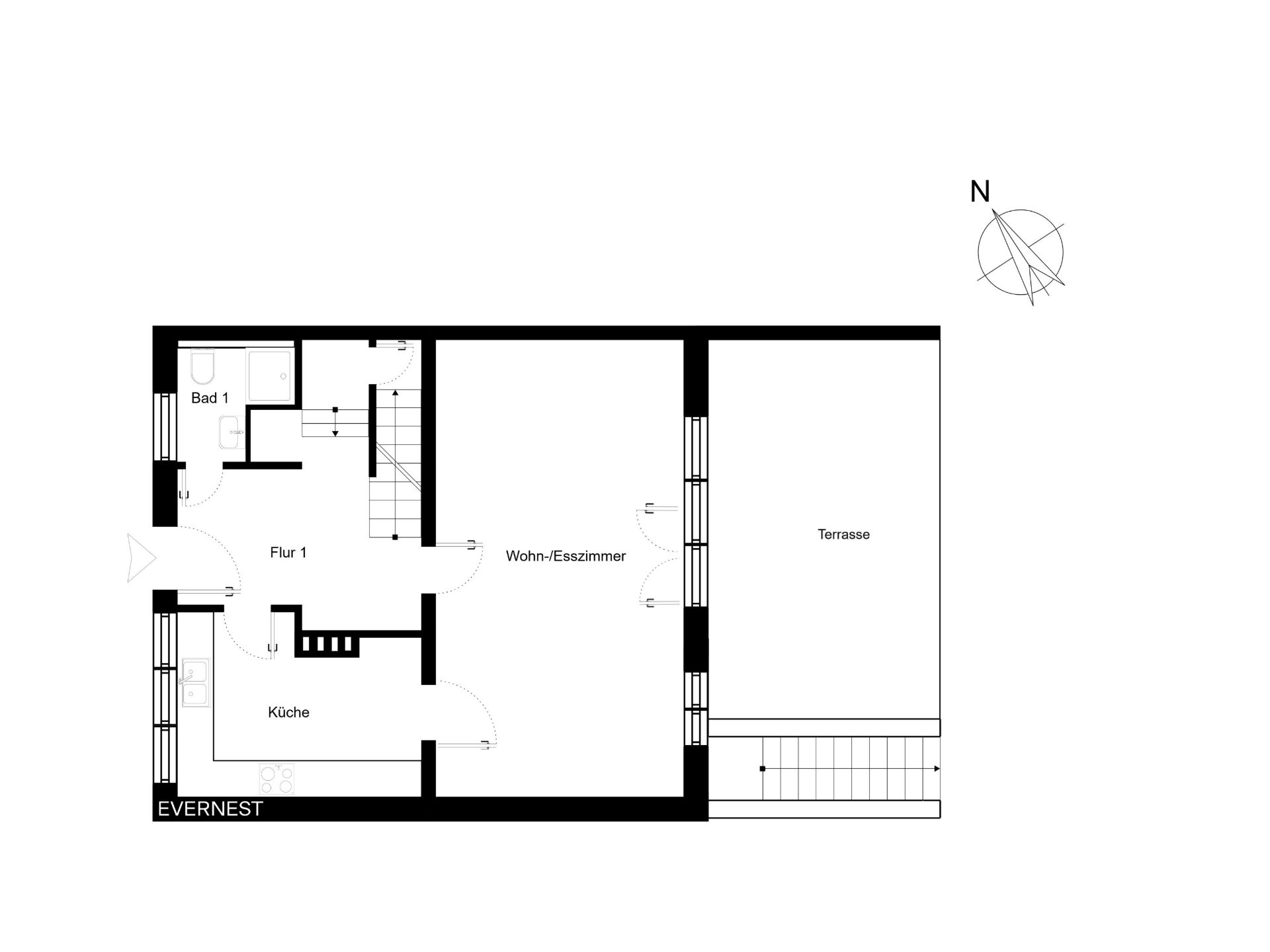 Grundriss mit Küche, Bad, Flur, Wohn-/Esszimmer und Terrasse.