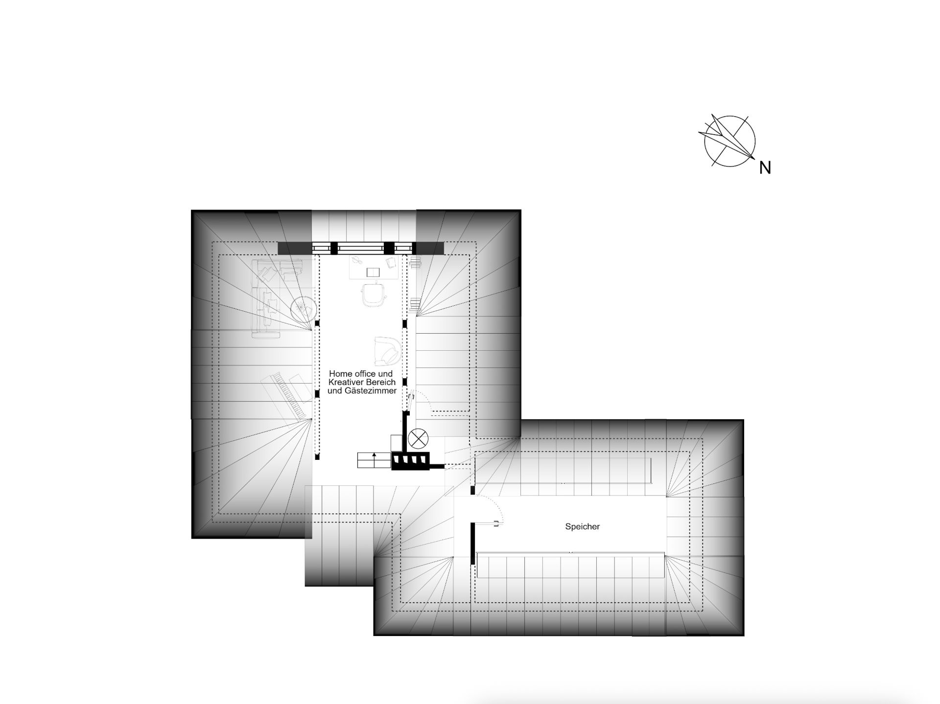 Grundriss eines Hauses mit Home-Office, Gästezimmer und Speicherraum.