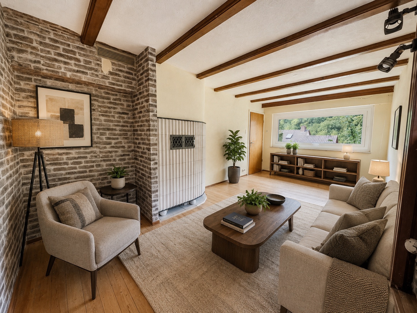 Gemütliches Wohnzimmer mit Sofa, Sessel, Holztisch und großem Fenster mit Ausblick.