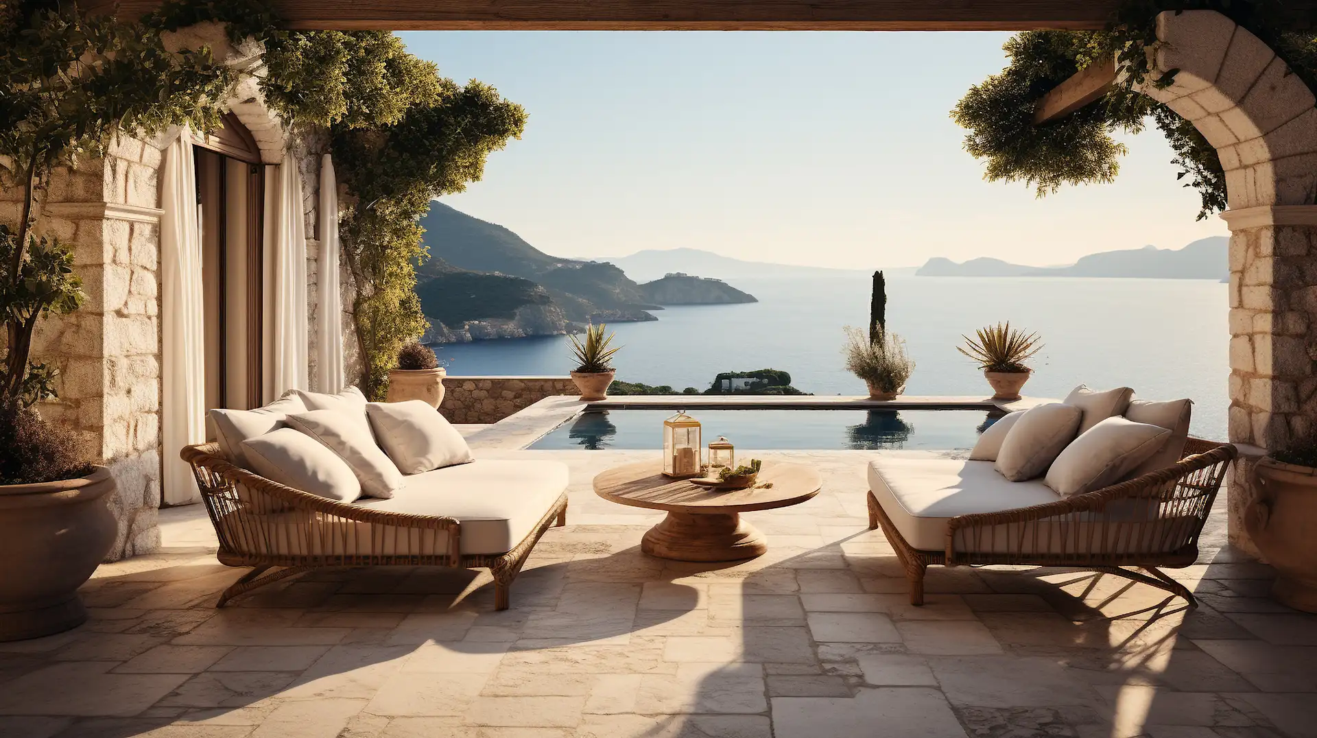 Terrasse mit Lounge-Möbeln, Pool und Blick auf das Meer und Berge bei Sonnenuntergang.