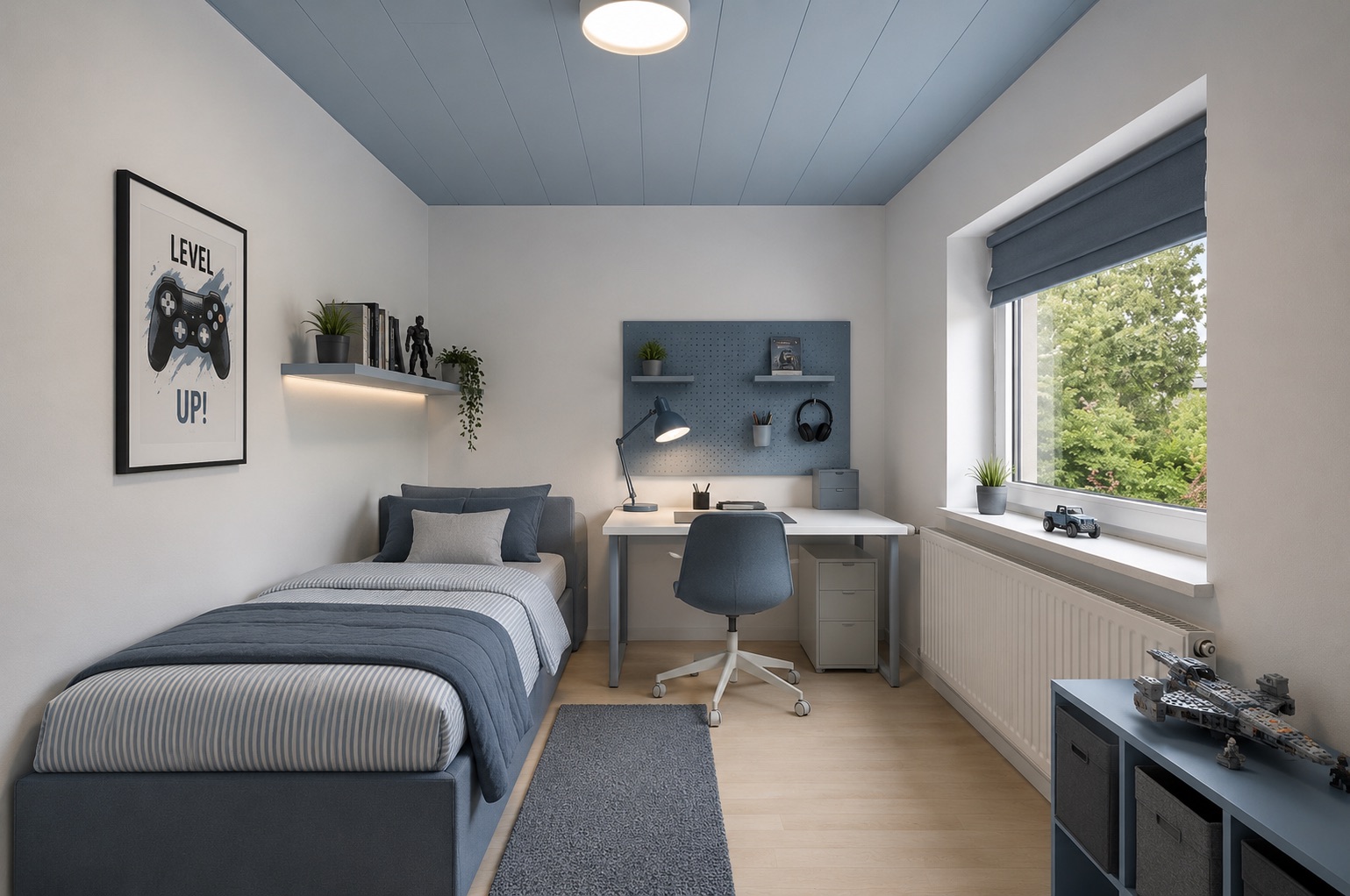 Modernes Jugendzimmer mit Einzelbett, Schreibtisch, Stuhl und großem Fenster mit Blick ins Grüne.