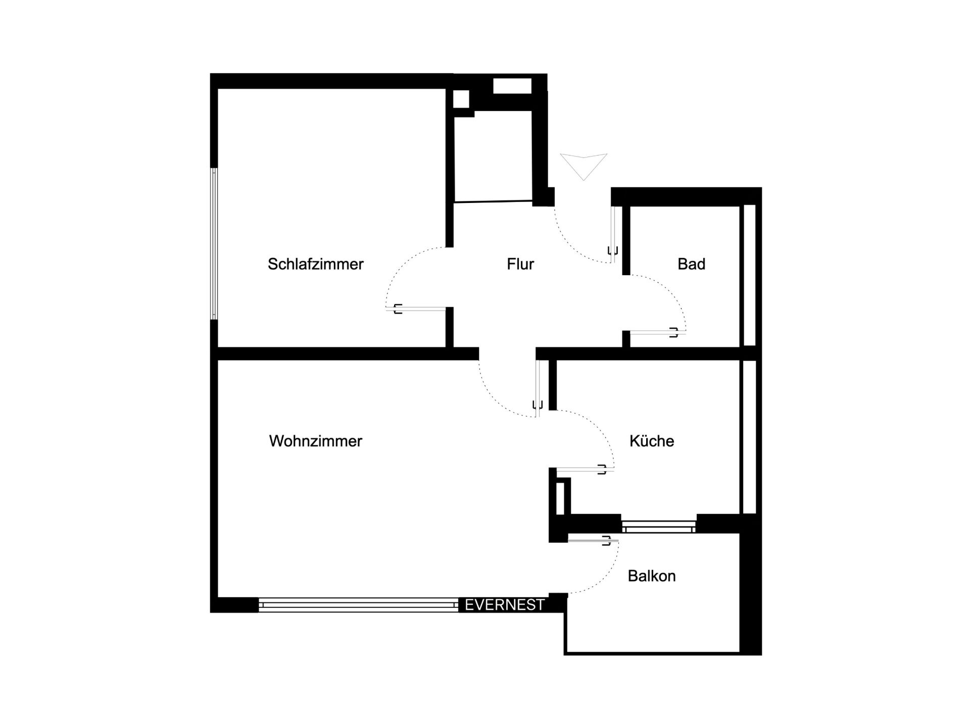 Grundriss einer Wohnung mit Schlafzimmer, Wohnzimmer, Küche, Bad, Flur und Balkon.