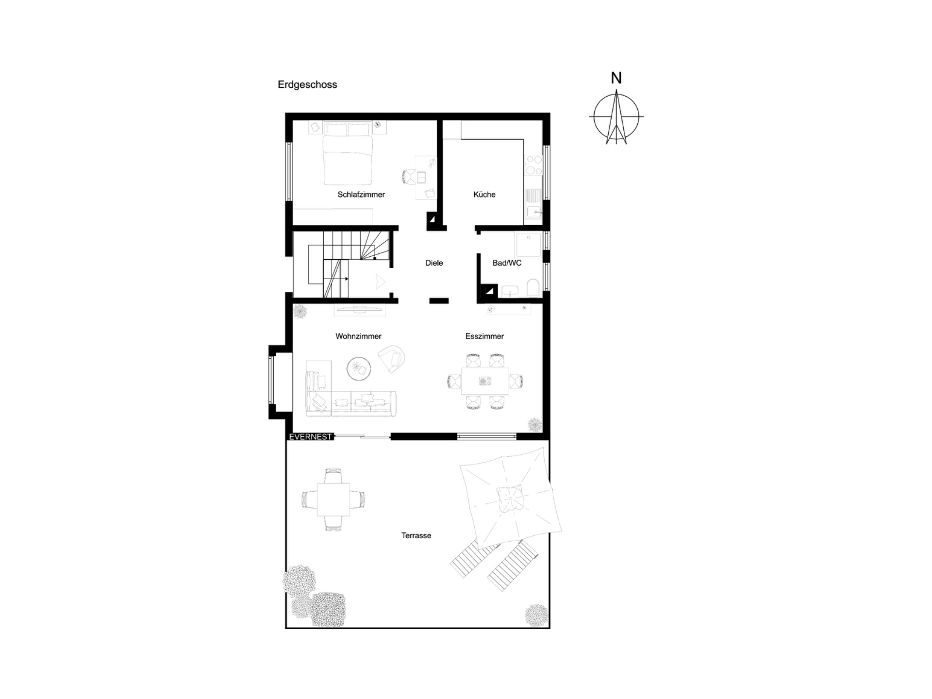 Grundriss des Erdgeschosses mit Schlafzimmer, Küche, Wohnzimmer, Esszimmer, Bad und Terrasse.
