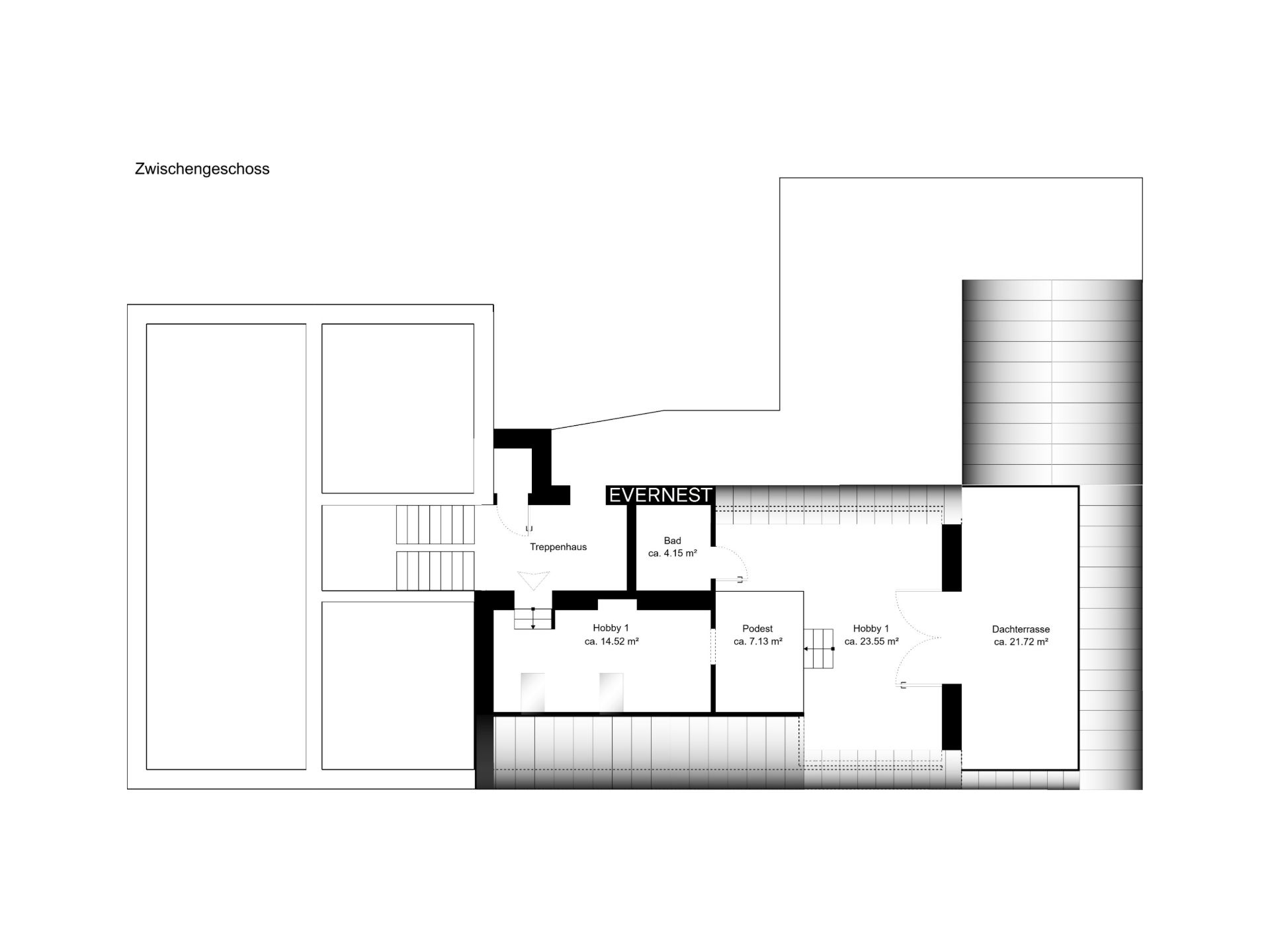 Grundriss eines Zwischengeschosses mit Hobbyräumen, Bad und Dachterrasse.
