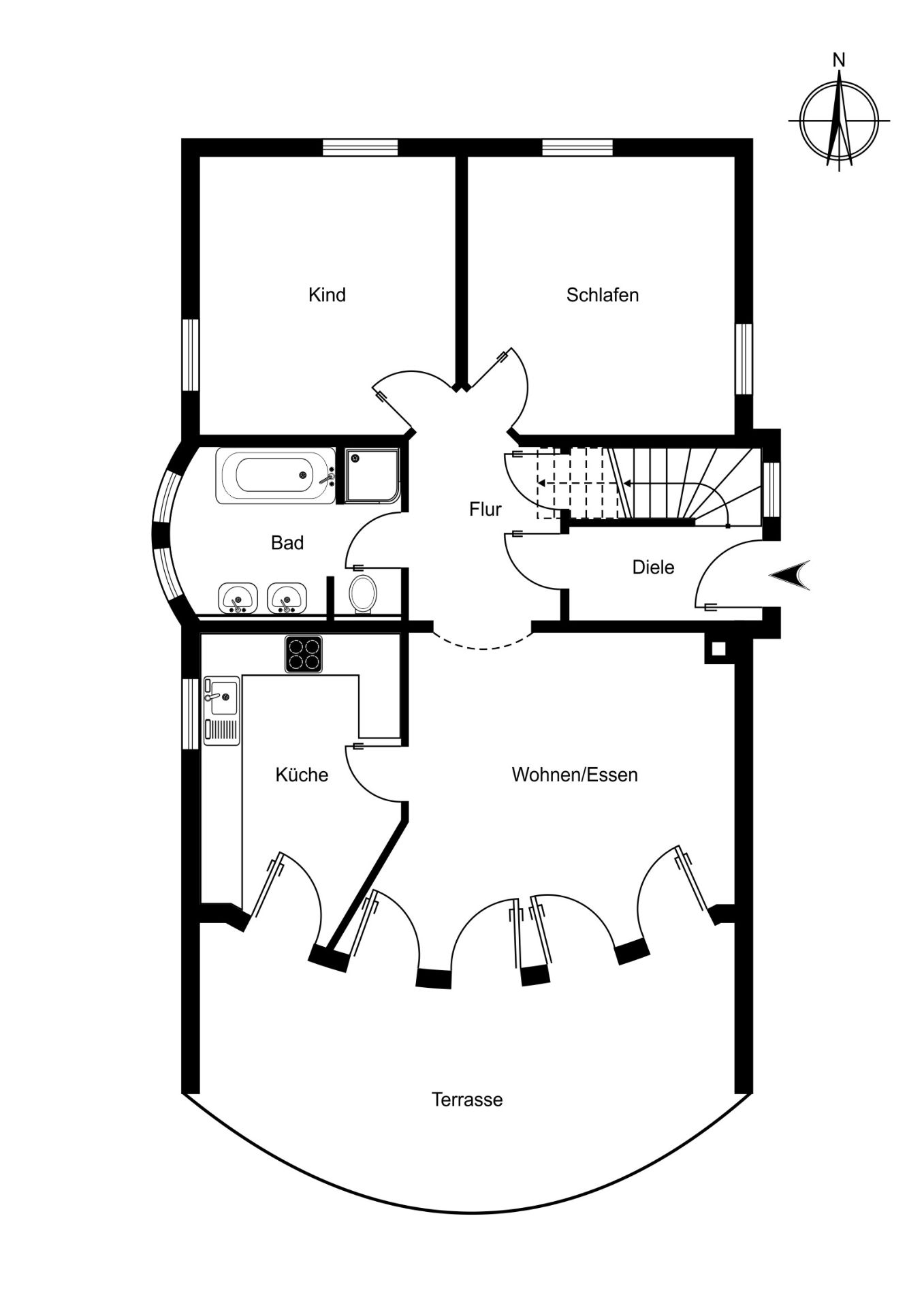 Grundriss mit Schlafzimmer, Kinderzimmer, Bad, Küche, Wohn-/Esszimmer und Terrasse.