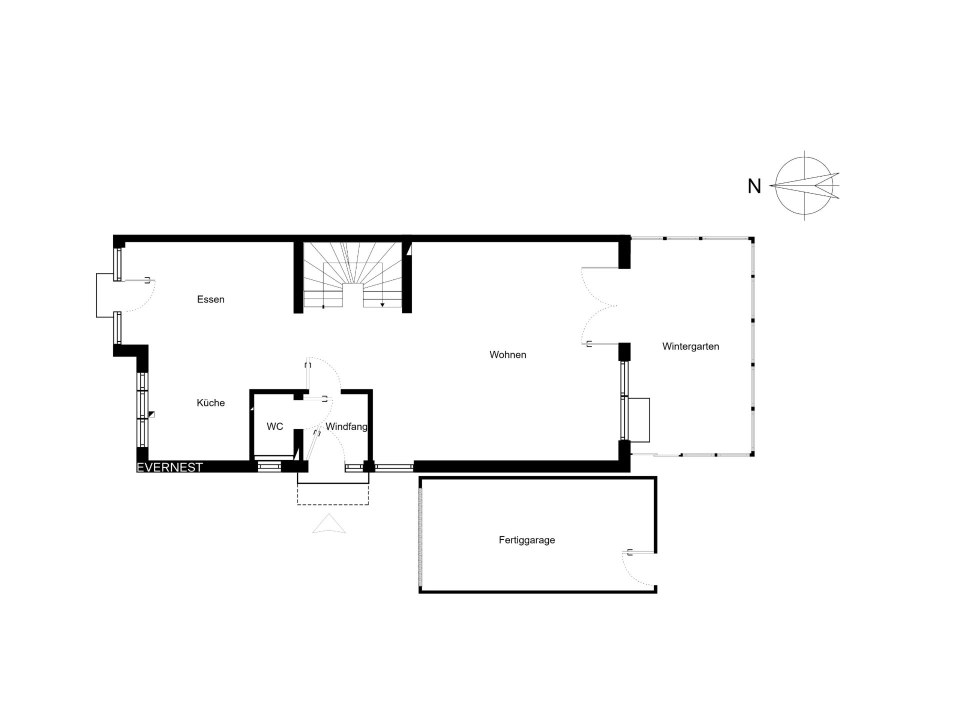 Grundriss mit Küche, Esszimmer, Wohnzimmer, WC, Wintergarten und Garage.