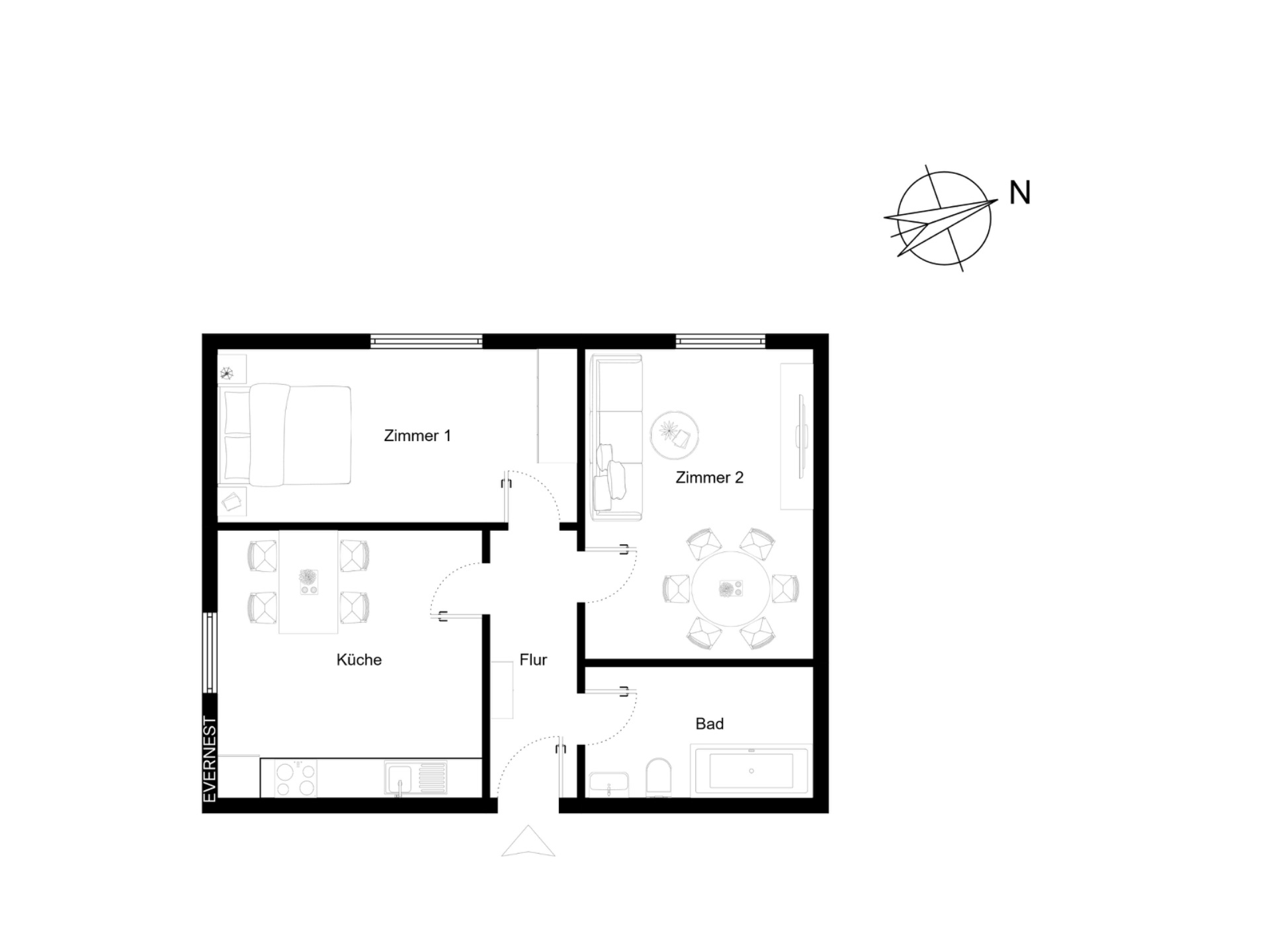 Grundriss einer Wohnung mit zwei Zimmern, Küche, Bad und Flur.