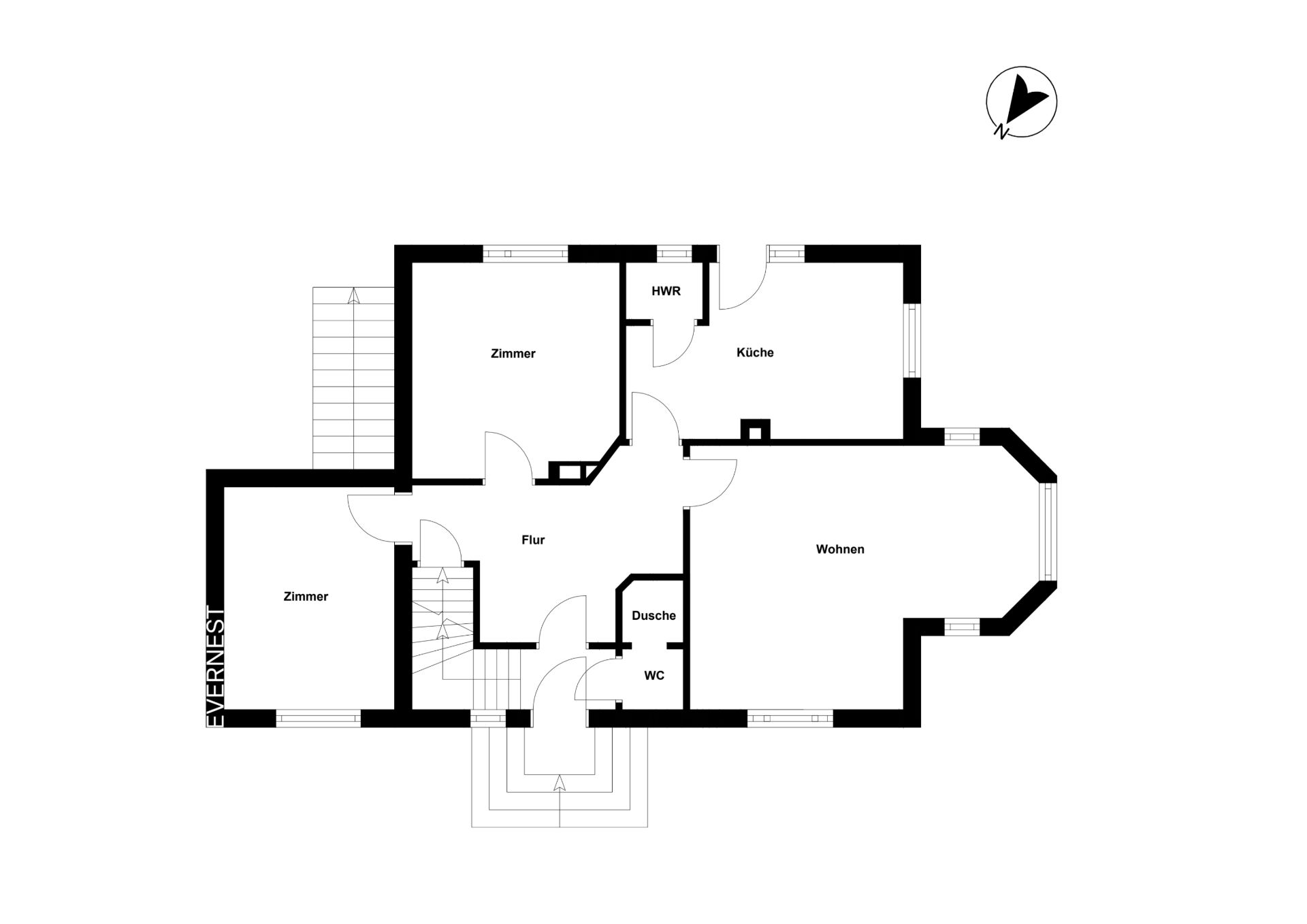 Grundriss einer Wohnung mit Flur, zwei Zimmern, Küche, Wohnzimmer, Dusche und WC.