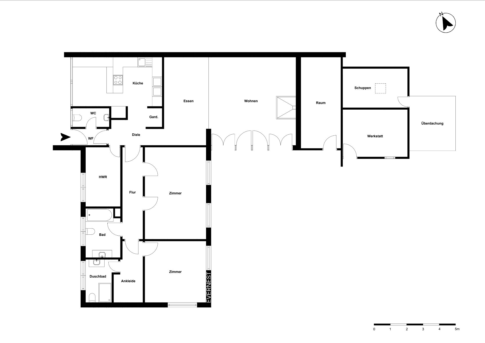 Grundriss eines Wohnhauses mit Küche, Bad, Zimmern, Werkstatt und Schuppen.