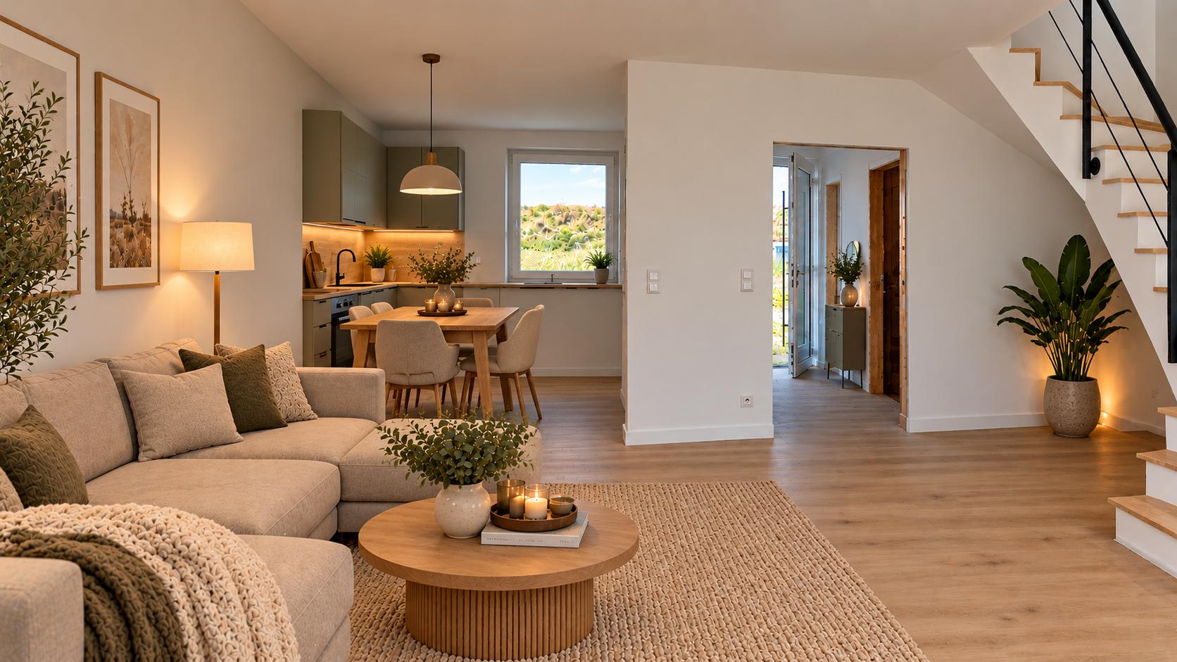 Modernes Wohnzimmer mit Sofa, rundem Holztisch, Essbereich und Treppe, helle Holzböden und Pflanzen.