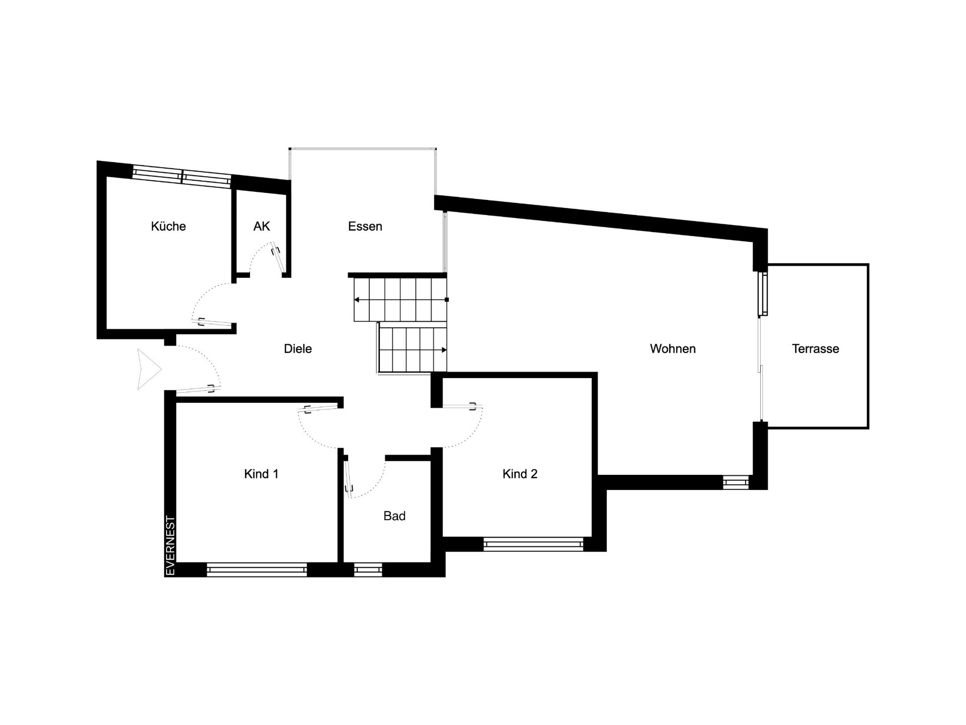Grundriss mit Küche, Essbereich, Wohnzimmer, Terrasse, Bad und zwei Kinderzimmern.