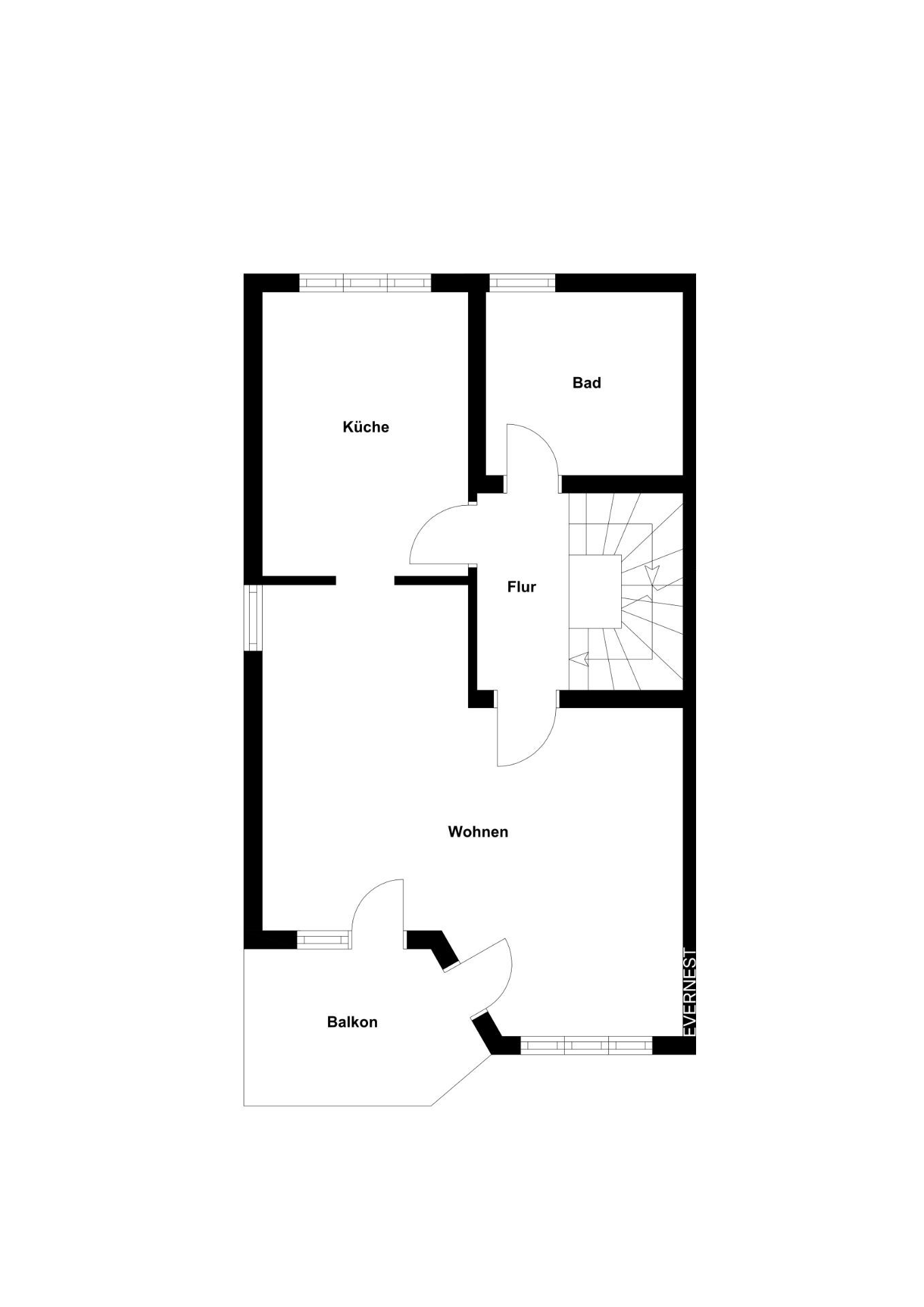 Grundriss mit Küche, Bad, Flur, Wohnzimmer und Balkon.