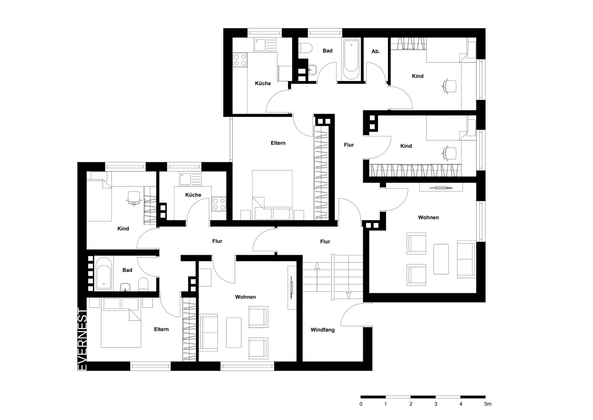 Grundriss einer Wohnung mit mehreren Zimmern, Bädern, Küchen und Fluren.