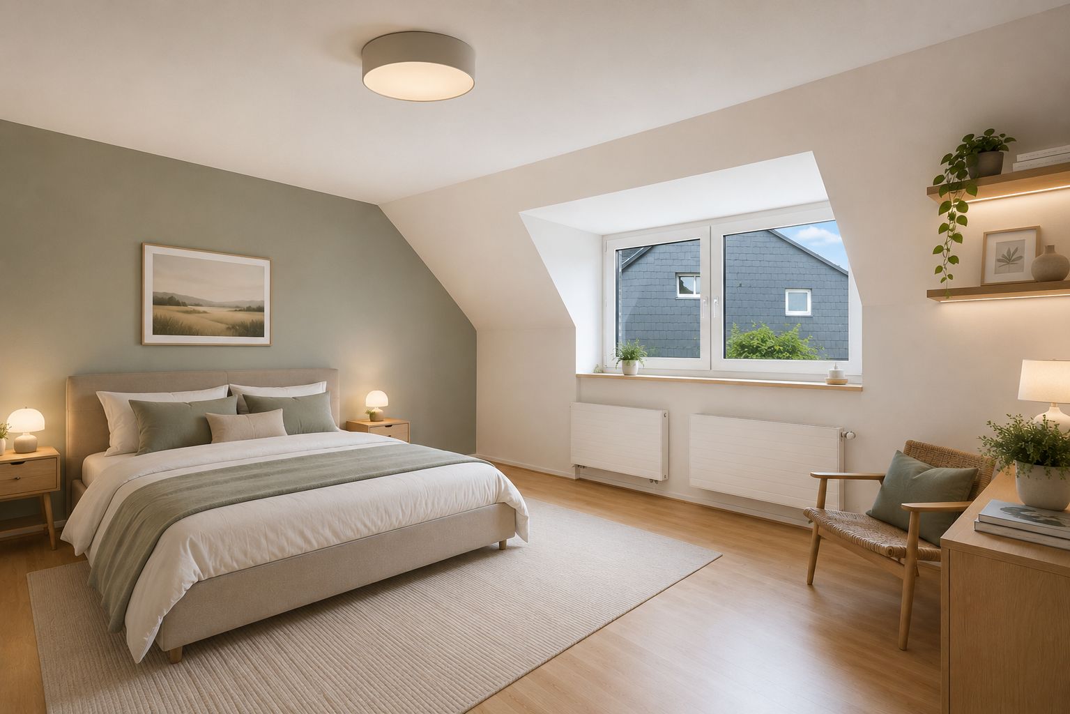 Helles Schlafzimmer mit Doppelbett, großem Fenster, Holzstuhl und Schreibtisch mit Pflanzen.