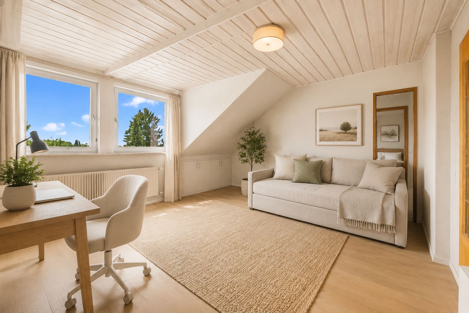 Helles Zimmer mit Sofa, Schreibtisch, Stuhl, Teppich und großen Fenstern unter einem weißen Holzdach.