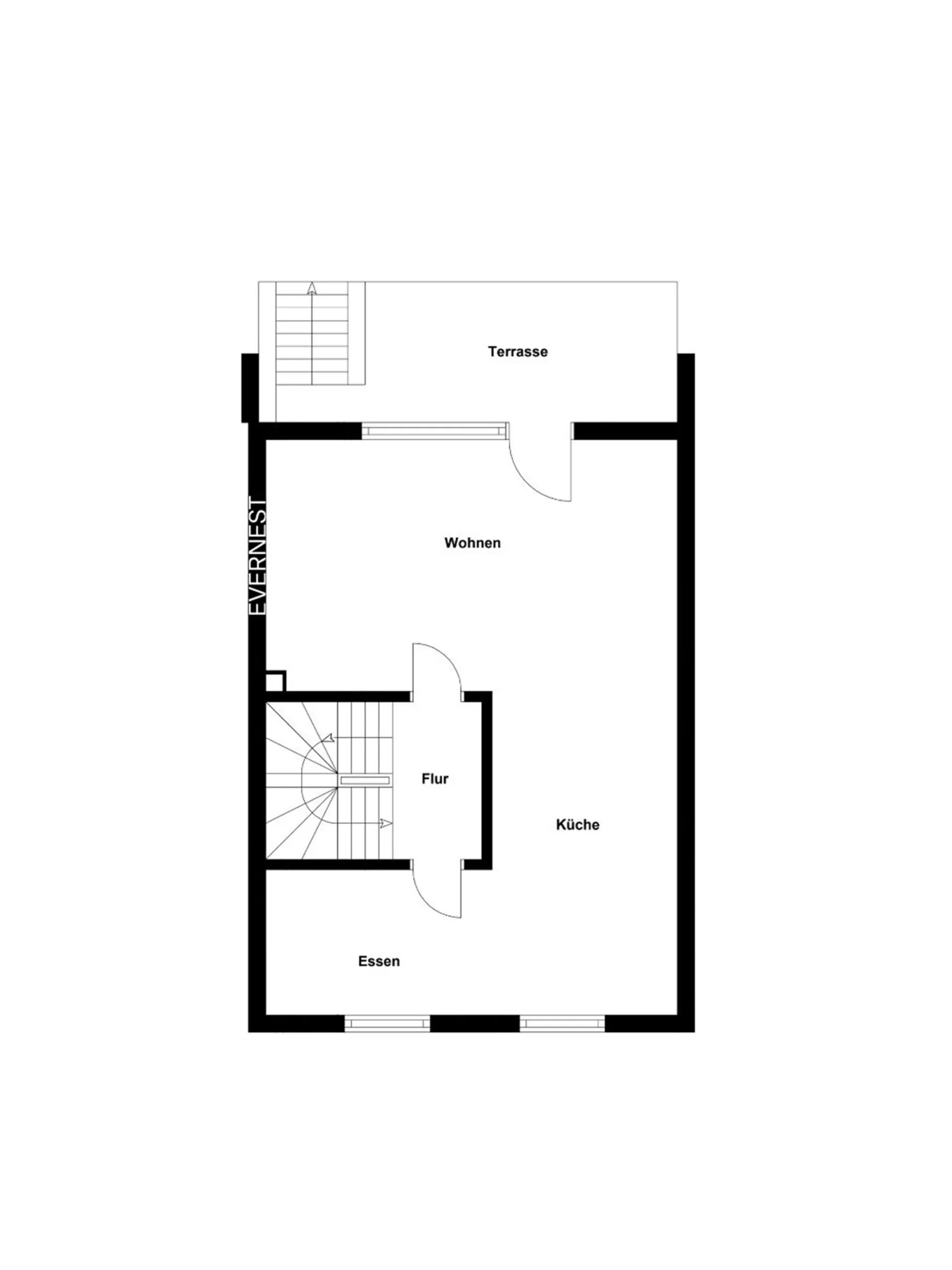 Grundriss mit Terrasse, Wohn-, Ess- und Küchenbereich sowie Flur und Treppenhaus.