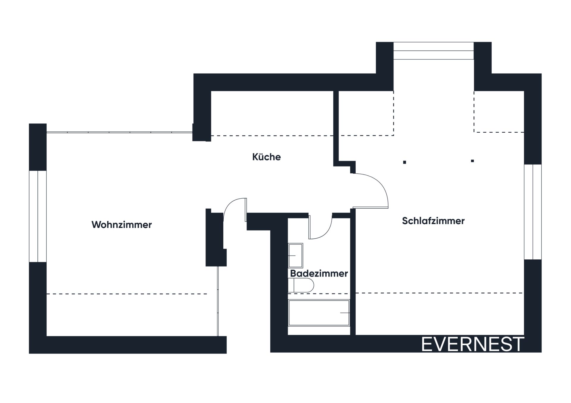 Grundriss einer Wohnung mit Wohnzimmer, Küche, Schlafzimmer und Badezimmer.