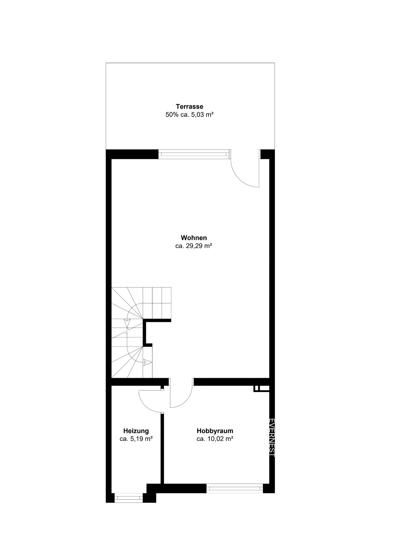 Grundriss mit Terrasse, Wohnzimmer, Heizungsraum und Hobbyraum, jeweils mit Flächenangaben.