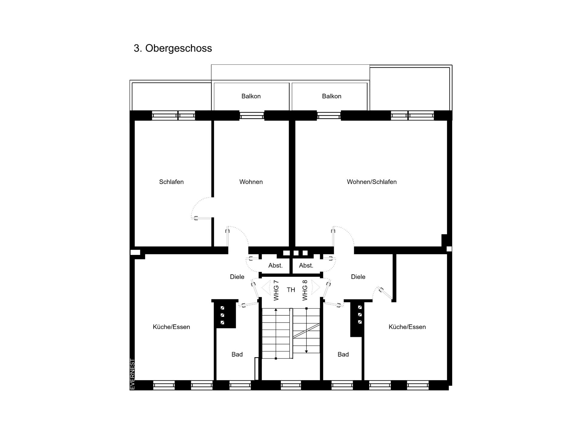 Grundriss des 3. Obergeschosses mit zwei Wohnungen, Balkonen, Küchen, Bädern und Wohnbereichen.