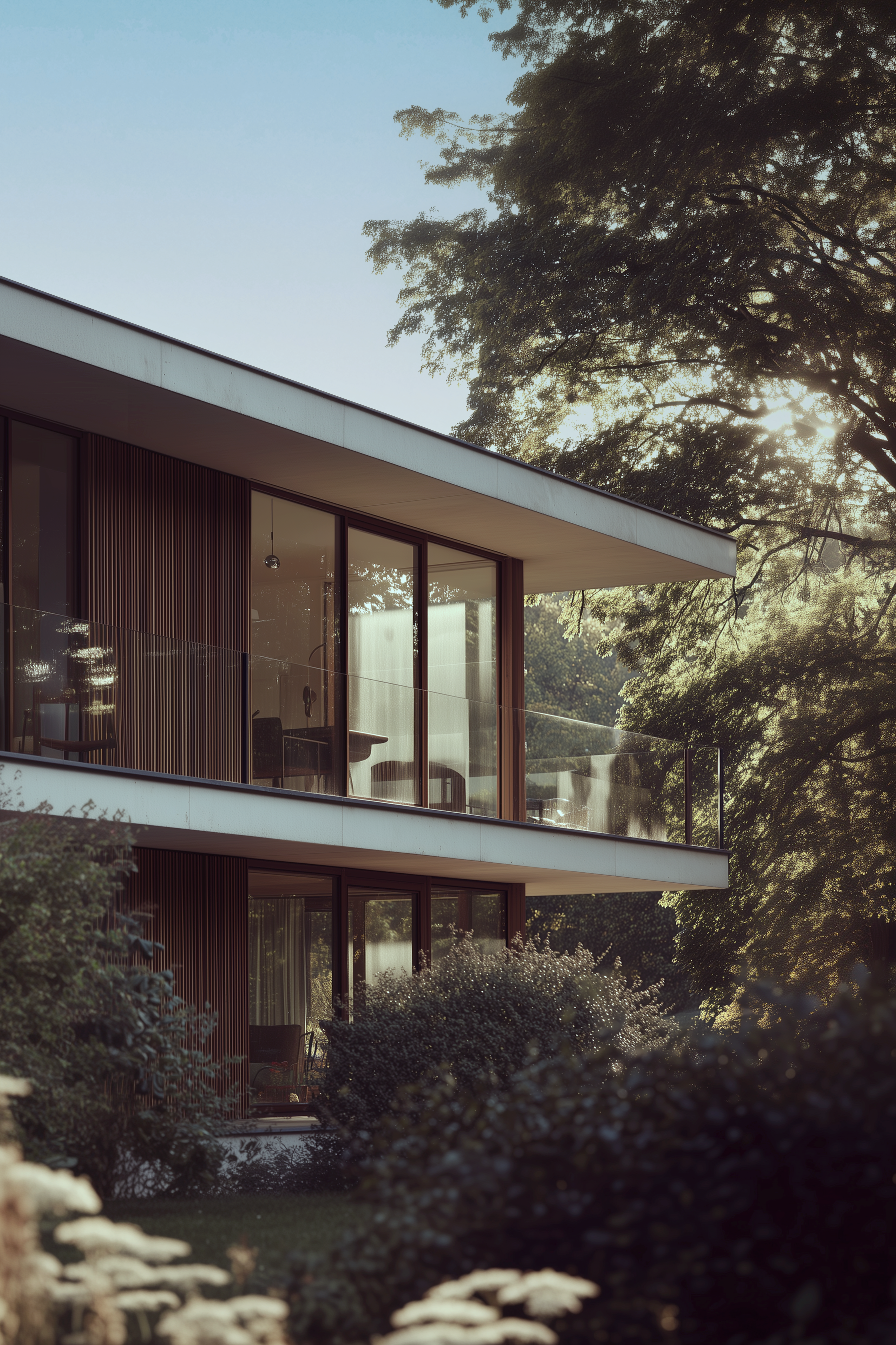 Modernes zweistöckiges Haus mit großen Glasfenstern und Balkon, umgeben von Bäumen und Garten.