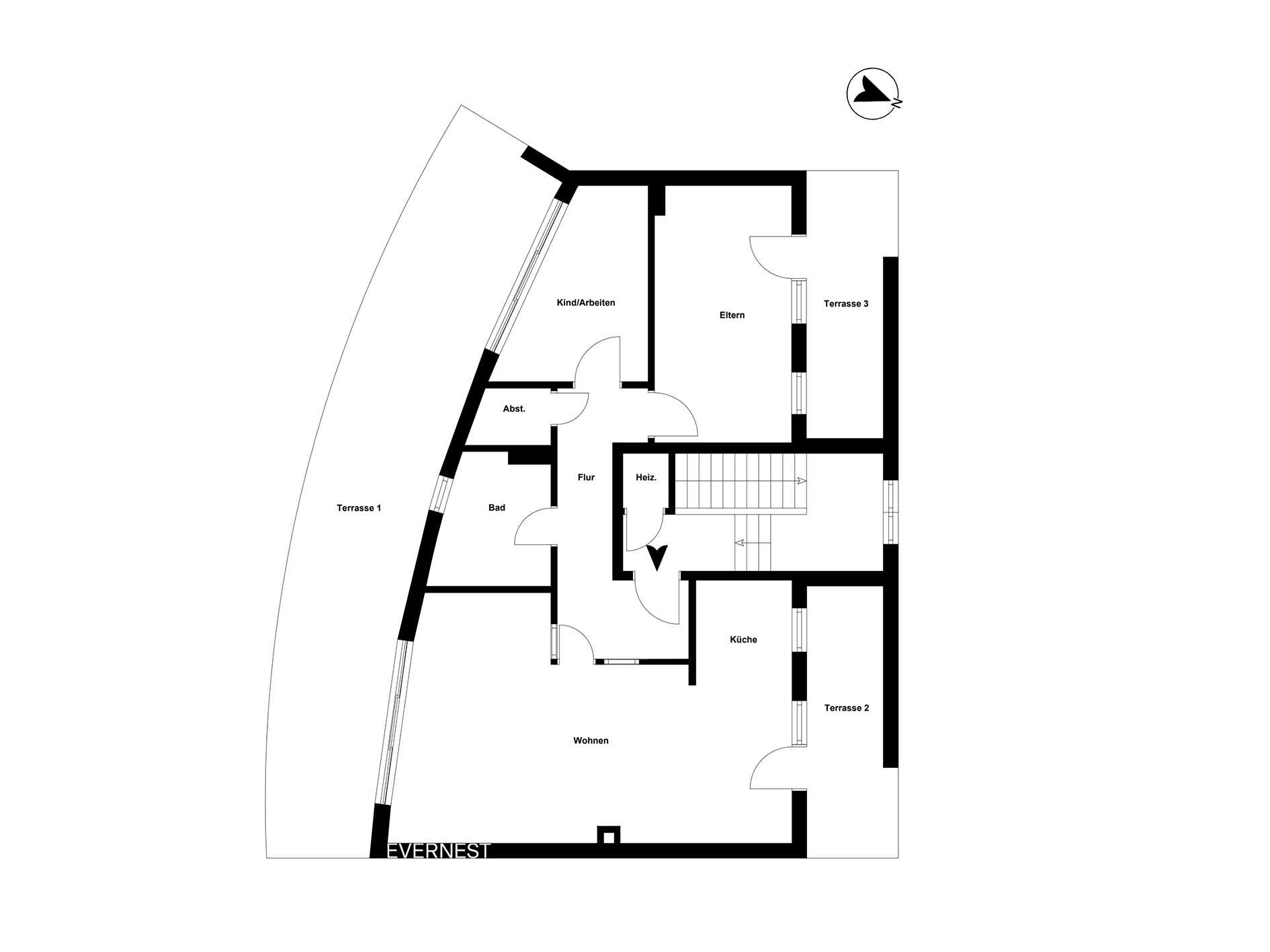 Grundriss einer Wohnung mit Wohnzimmer, Küche, Bad, Flur, drei Terrassen und weiteren Zimmern.