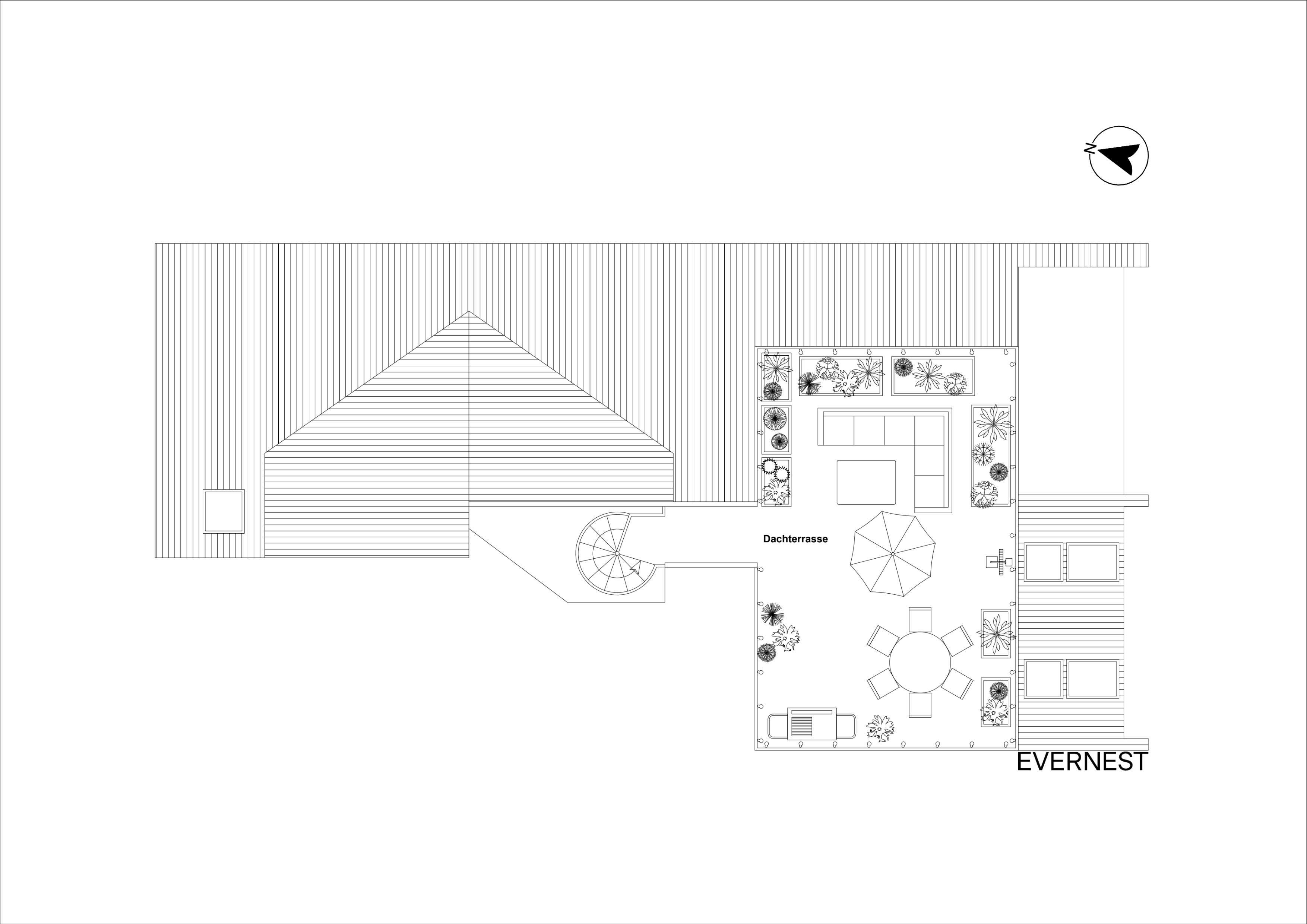 Grundriss einer Dachterrasse mit Sitzbereichen, Pflanzen und Rundtreppe.