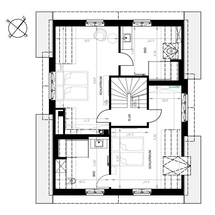 Grundriss eines Wohnhauses mit zwei Schlafzimmern, zwei Bädern und Treppenhaus.