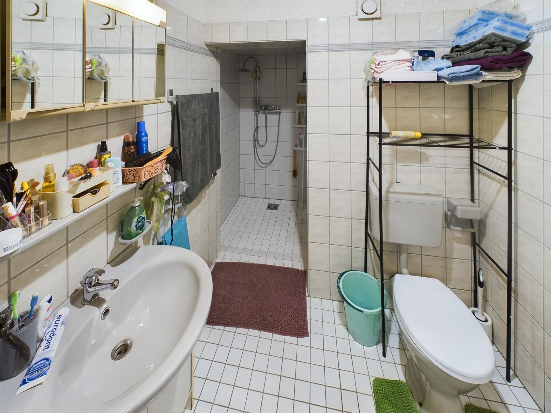 Badezimmer mit Waschbecken, Toilette, Duschbereich und Regalen mit Handtüchern.
