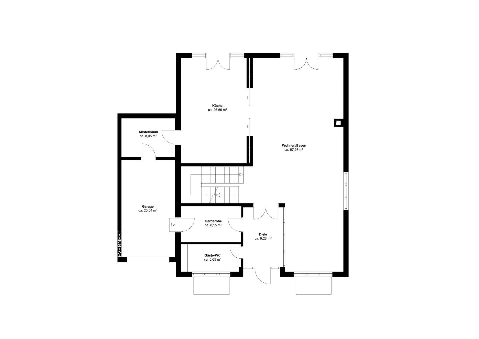 Grundriss eines Hauses mit Küche, Wohnzimmer, Garage, Gäste-WC und weiteren Räumen.