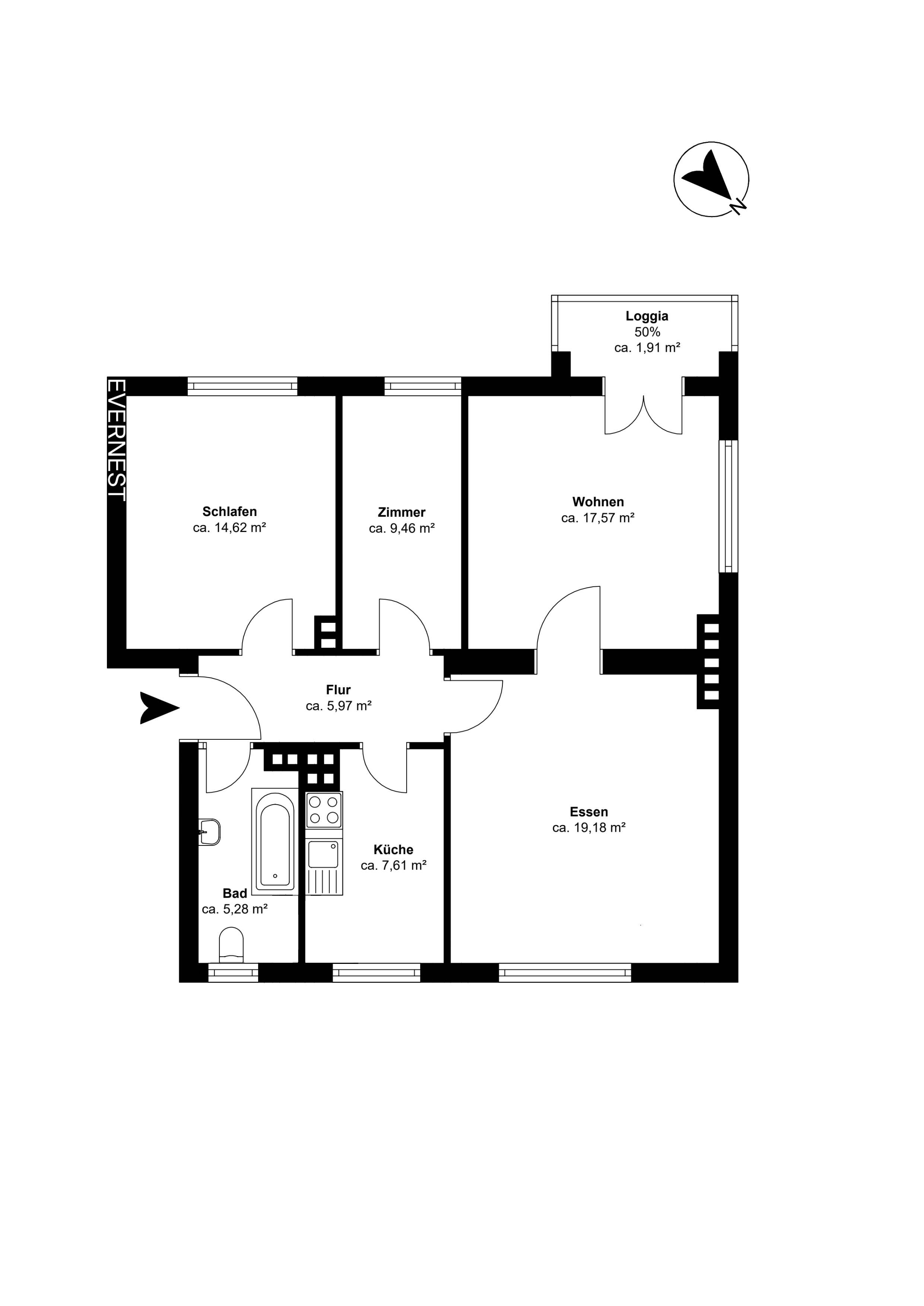 Wohnungsgrundriss mit Schlafzimmer, Zimmer, Wohnzimmer, Esszimmer, Küche, Bad, Flur und Loggia.