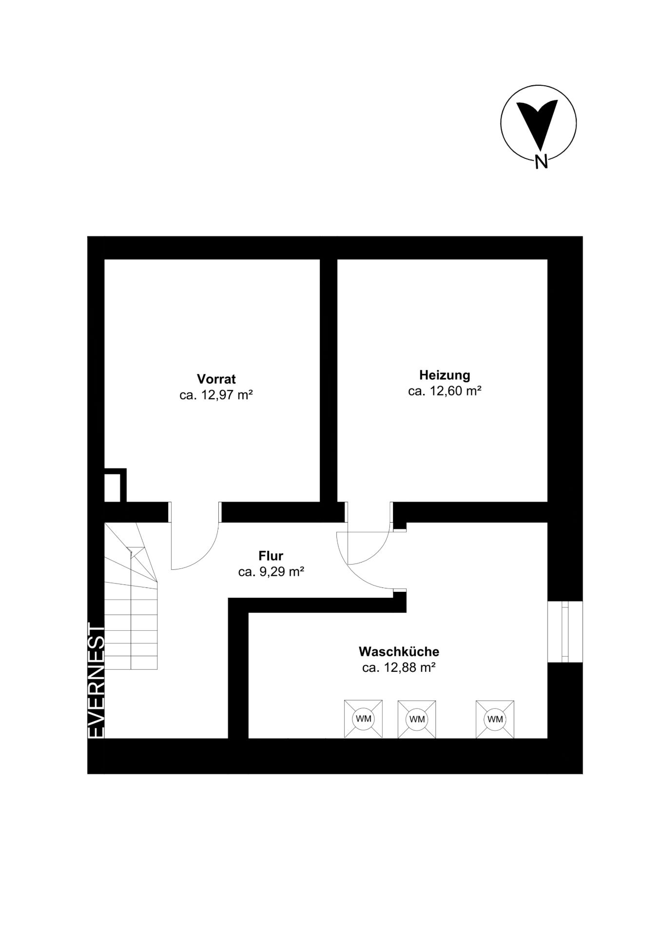 Grundriss mit Vorratsraum, Heizungsraum, Flur und Waschküche, jeweils mit Quadratmeterangaben.
