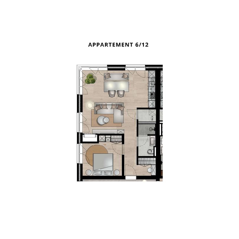 Grundriss einer Wohnung mit Schlafzimmer, Wohnzimmer, Küche, Bad und Essbereich.