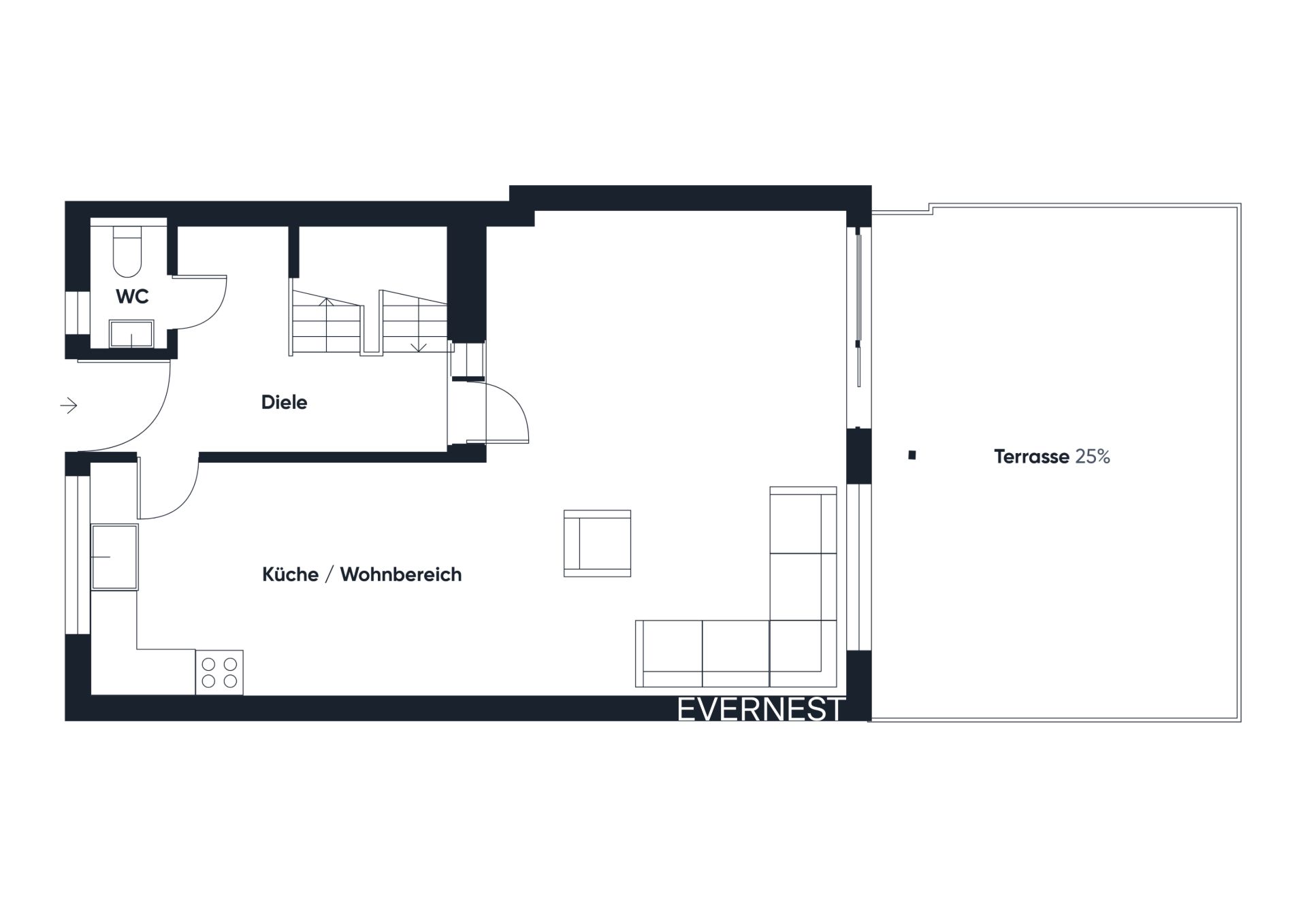 Grundriss mit Küche, Wohnbereich, Diele, WC und Terrasse.