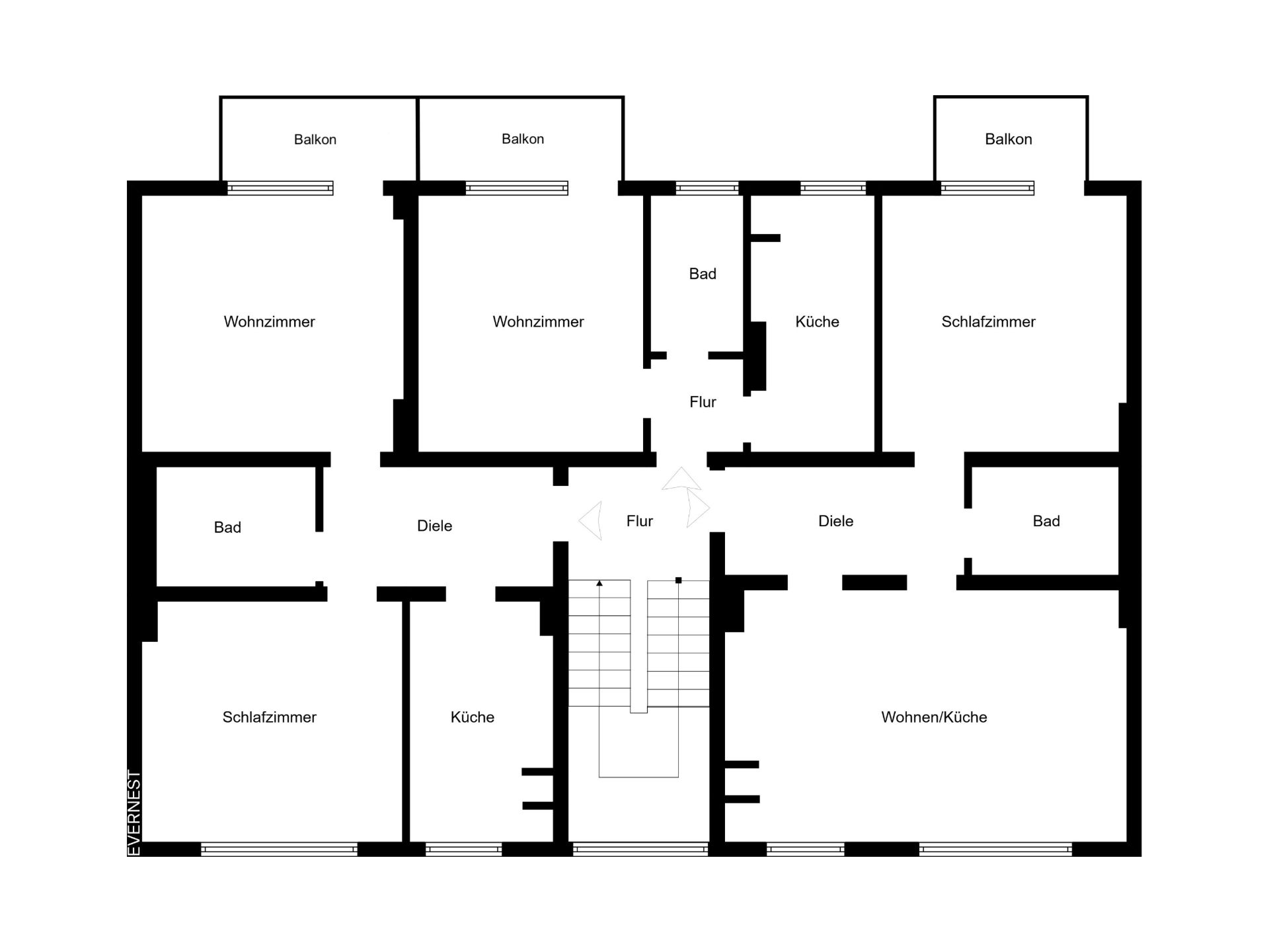 Grundriss einer Wohnung mit Wohnzimmern, Schlafzimmern, Küchen, Bädern, Fluren und Balkonen.