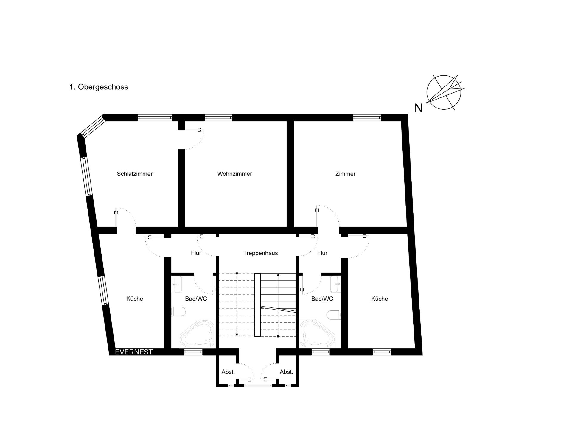 Grundriss des ersten Obergeschosses mit Schlafzimmer, Wohnzimmer, Zimmer, zwei Küchen und zwei Bädern.